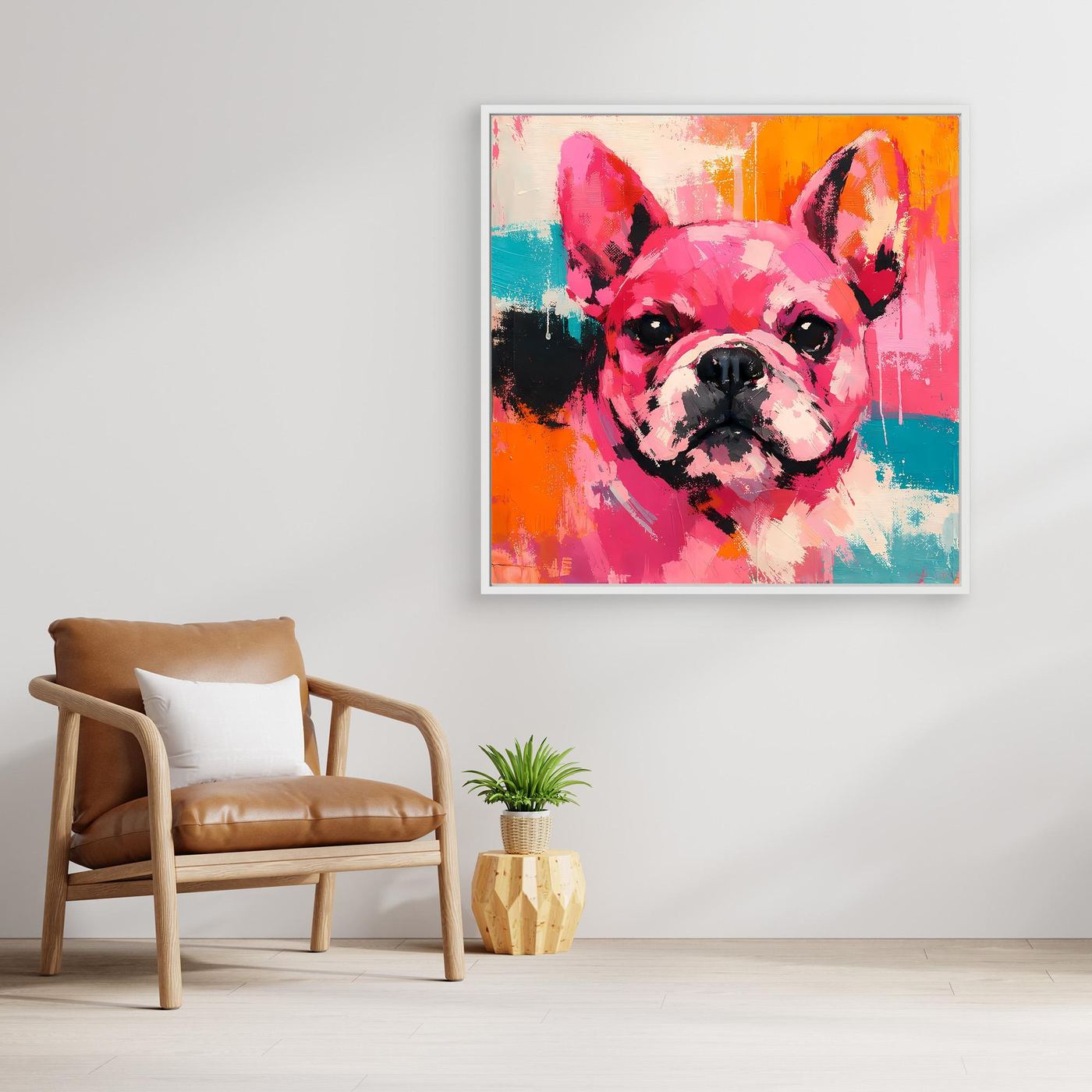 Abstract French bulldog portrait canvas wall art; pink dog face with orange, teal, and blue color blocks