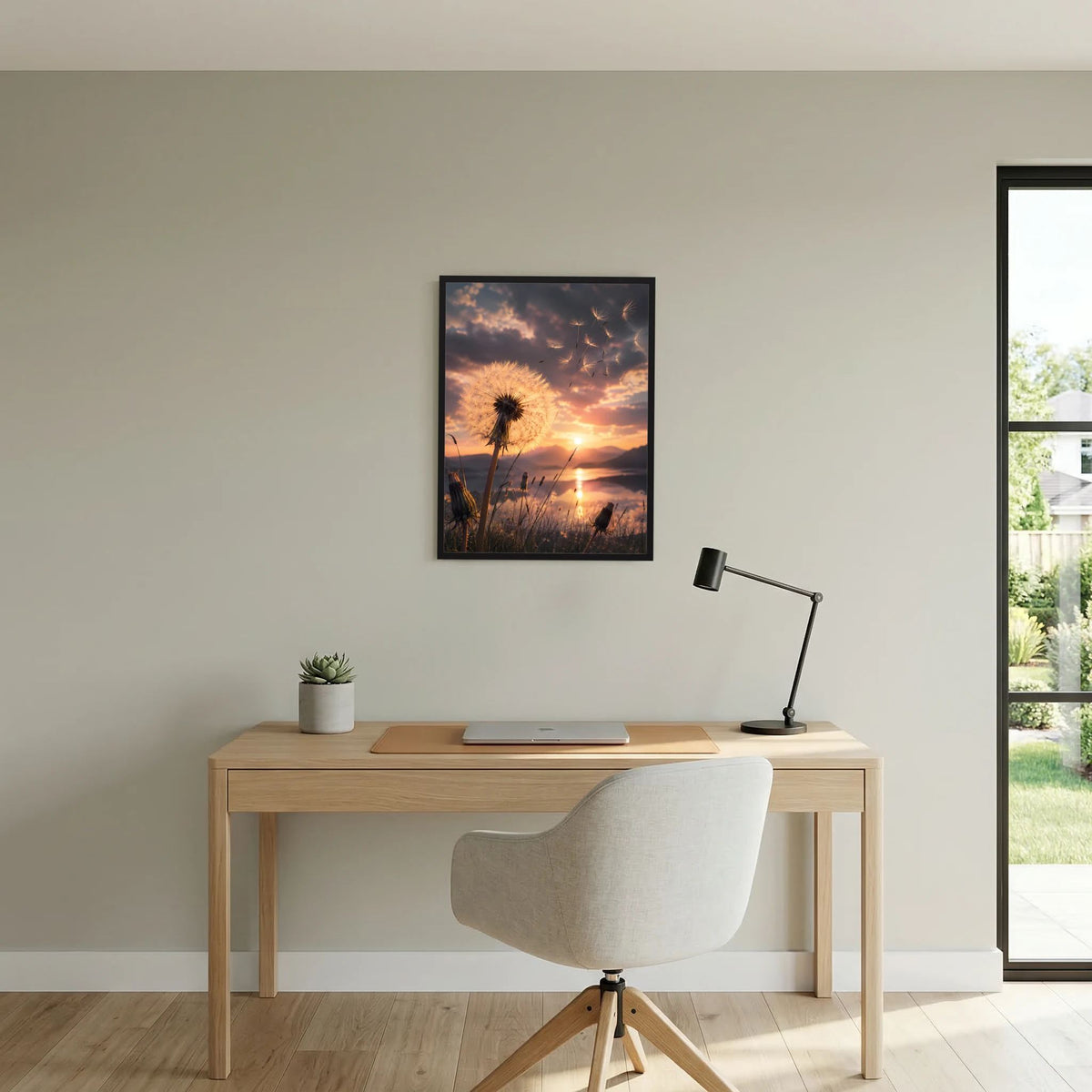 Poster im Hochformat mit Pusteblume im Sonnenuntergang, fliegende Samen, dunkel gerahmt