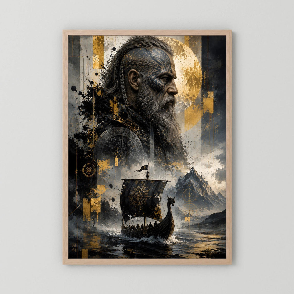 Kunstposter Hochformat mit Wikingerkopf im Profil, Wikingerschiff, gold-schwarz, Eichenrahmen natur.