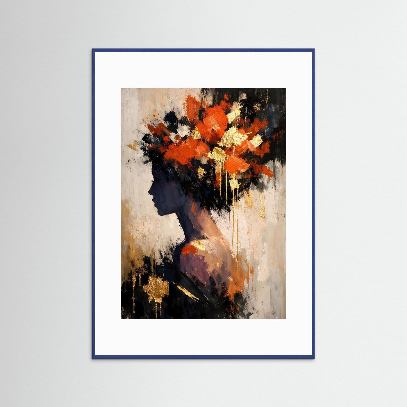 Kunstposter im Hochformat mit abstraktem Frauenportrait, orange/anthrazit im blauen Rahmen