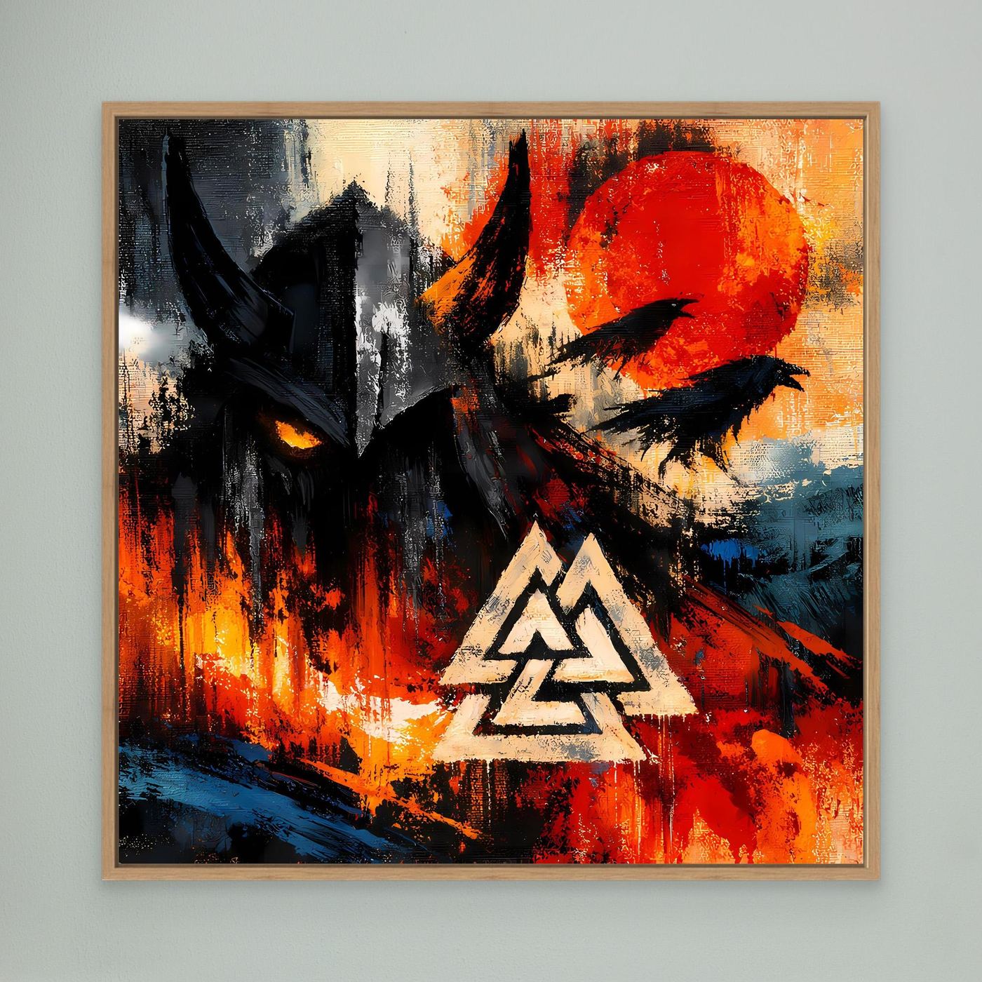 Leinwand-Wandbild mit abstraktem Raben und Valknut-Symbol, Holzrahmen
