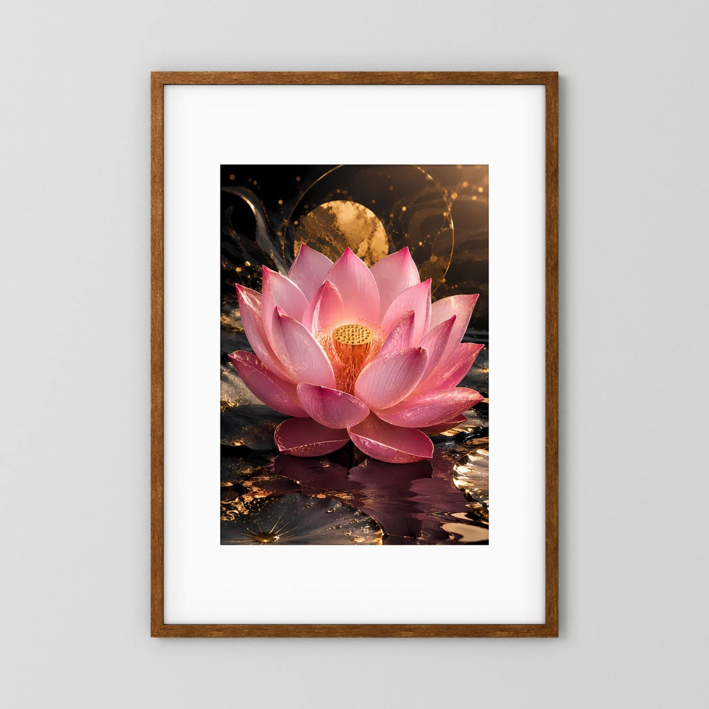 Lotusblüten-Poster im dunklen Holzrahmen, rosa Blume mit goldenem Schimmer