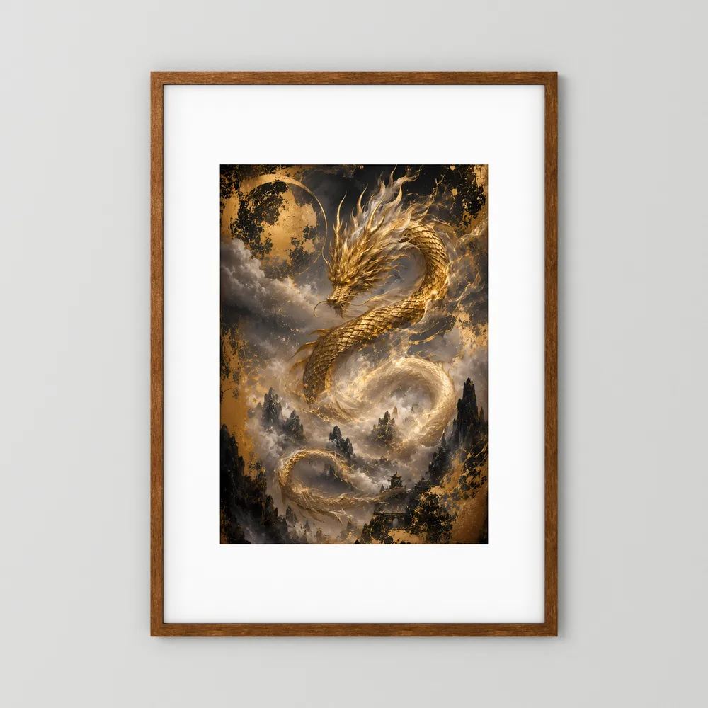 Drachenposter: goldener Drache über dunklen Wolken, brauner Holzrahmen, Hochformat