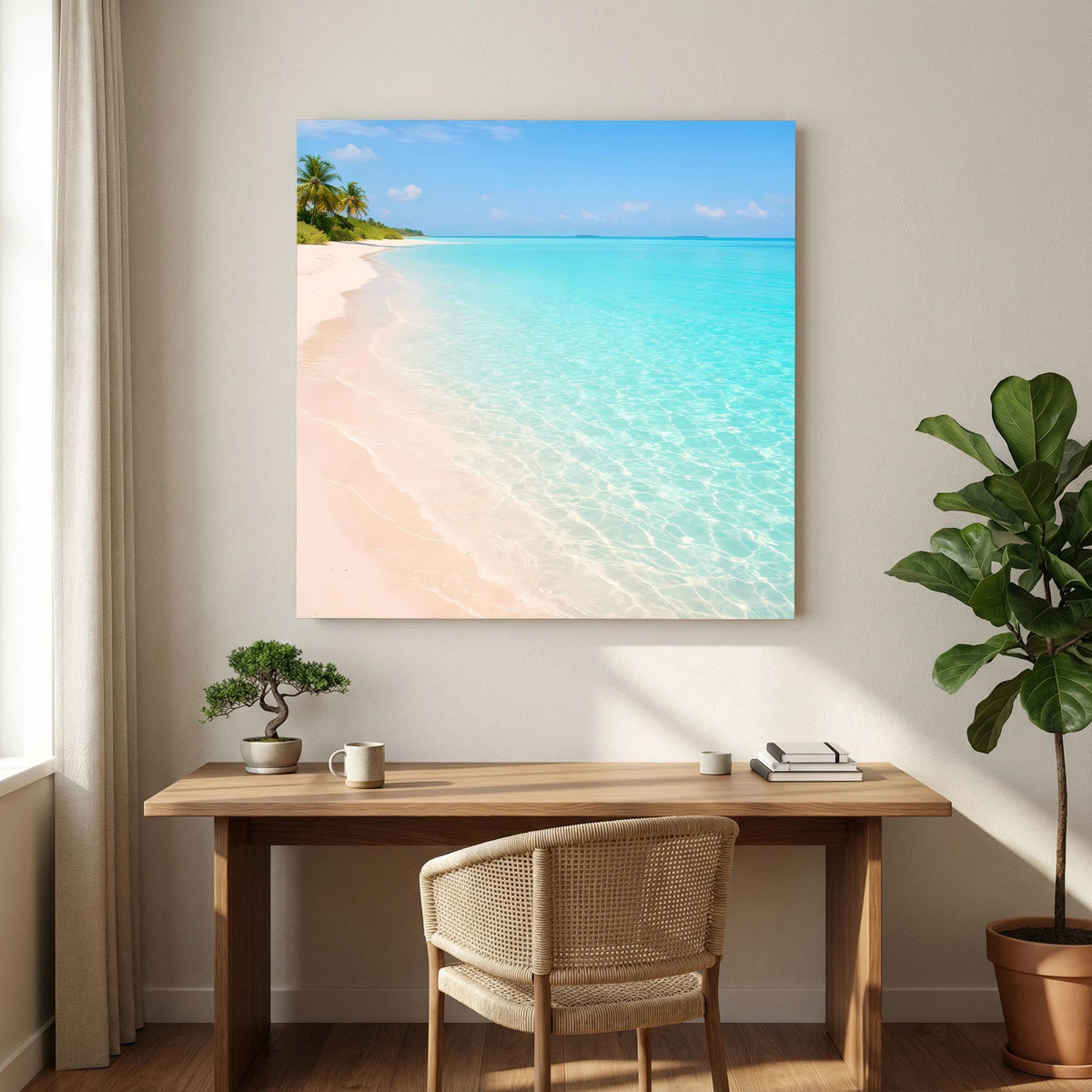 Leinwandbild Strandmotiv mit türkisblauer Wellenfläche, hellem Sand und Palme am Bildrand
