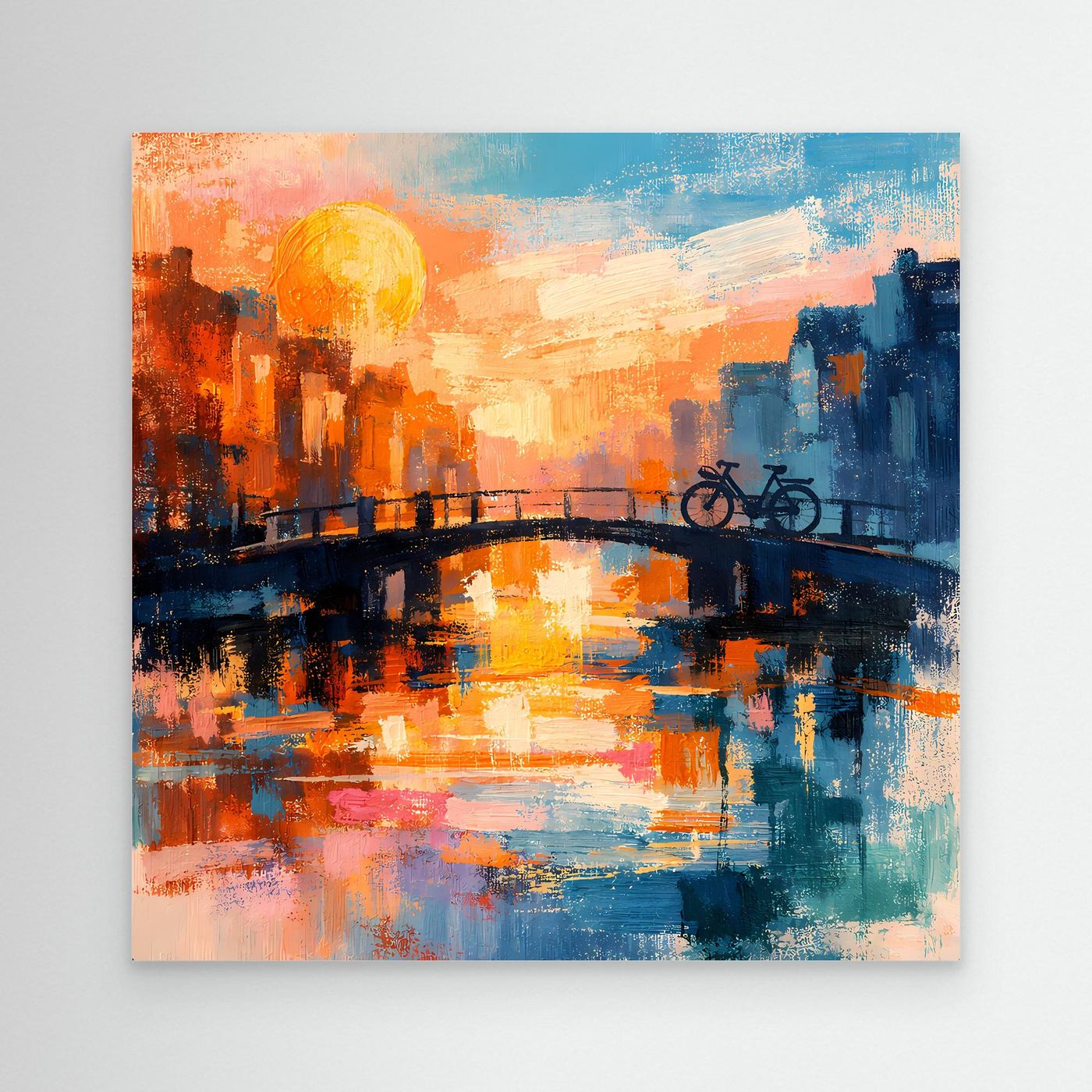 Leinwand Abstraktes Amsterdam Gemälde | Modernes Romantisches Grachten Wandbild mit Fahrrad