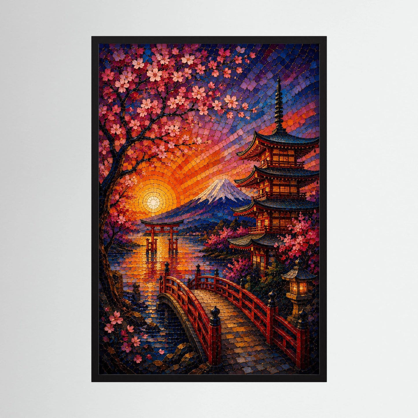 Hochformat-Poster im Mosaikstil mit Kirschblüten, Pagode und Fuji im Sonnenuntergang, schwarz gerahmt