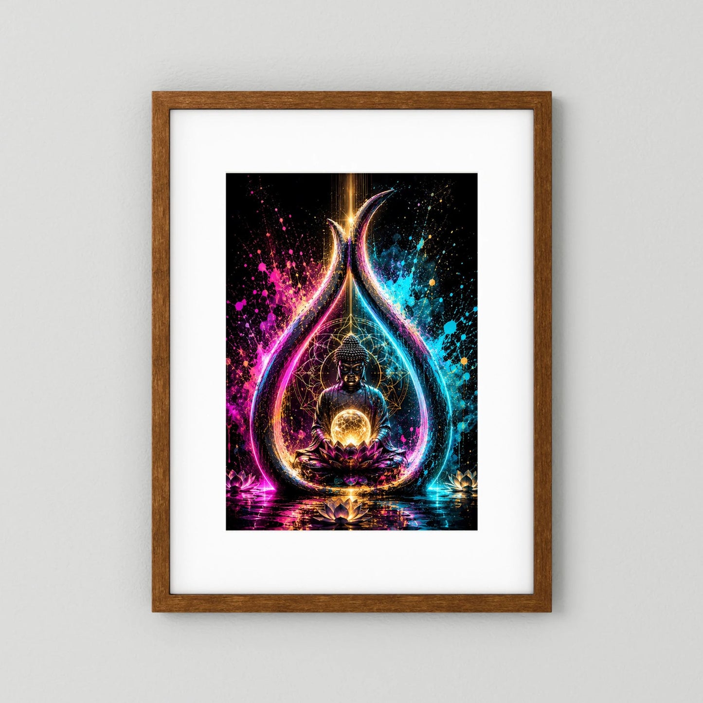 Poster im Holzrahmen: meditativer Buddha auf Lotus, leuchtende Energiekugel, neonfarbene Tropfen