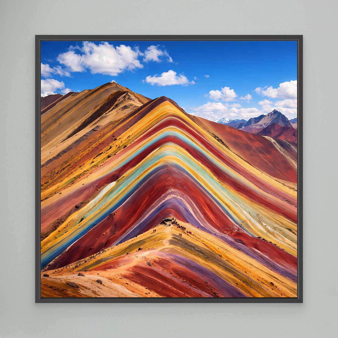 Leinwandbild mit schwarzem Rahmen, abstrakte Regenbogen-Gebirgslandschaft in warmen Farben