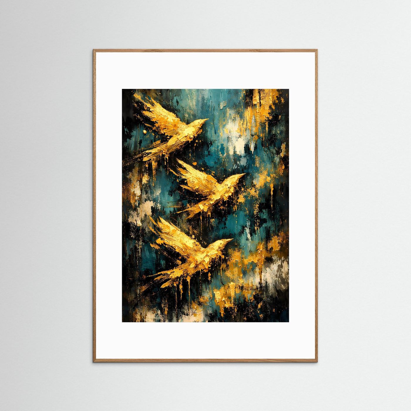 Vögel-Poster im Hochformat mit hellem Holzrahmen und weißem Passepartout, abstrakte Vögel