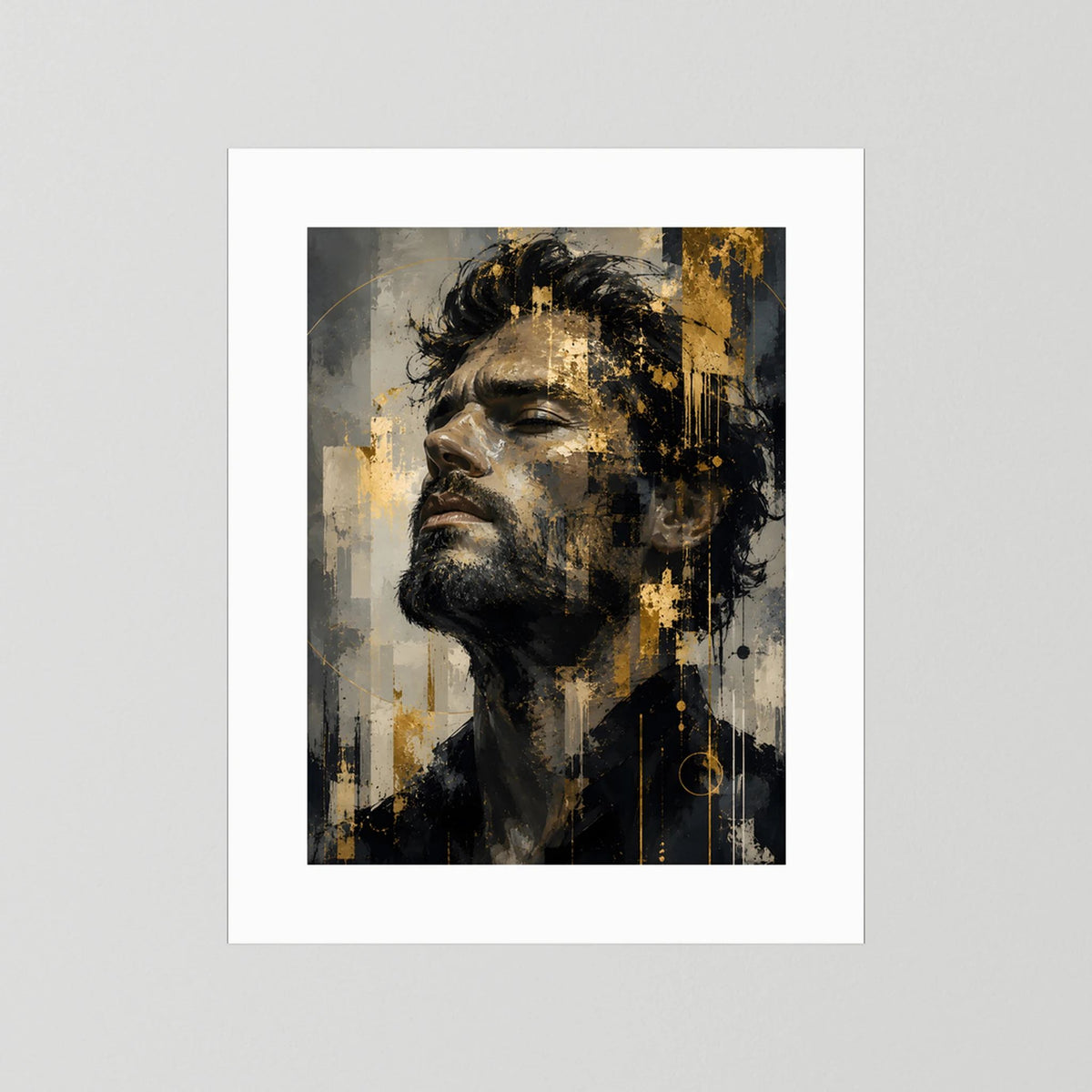 Kunstposter im Hochformat mit abstraktem Männerporträt in Schwarz, Grau & Gold, weißer Rand