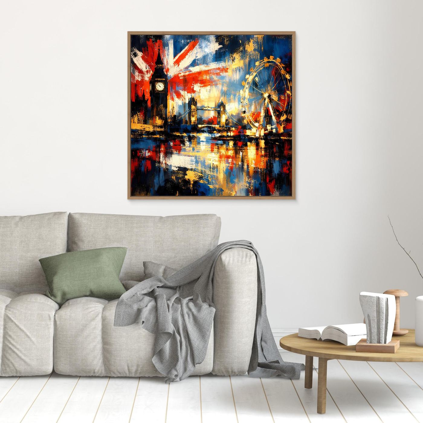 Kleines abstraktes Leinwandbild im hellen Holzrahmen: Skyline, Union-Jack-Optik und Riesenrad