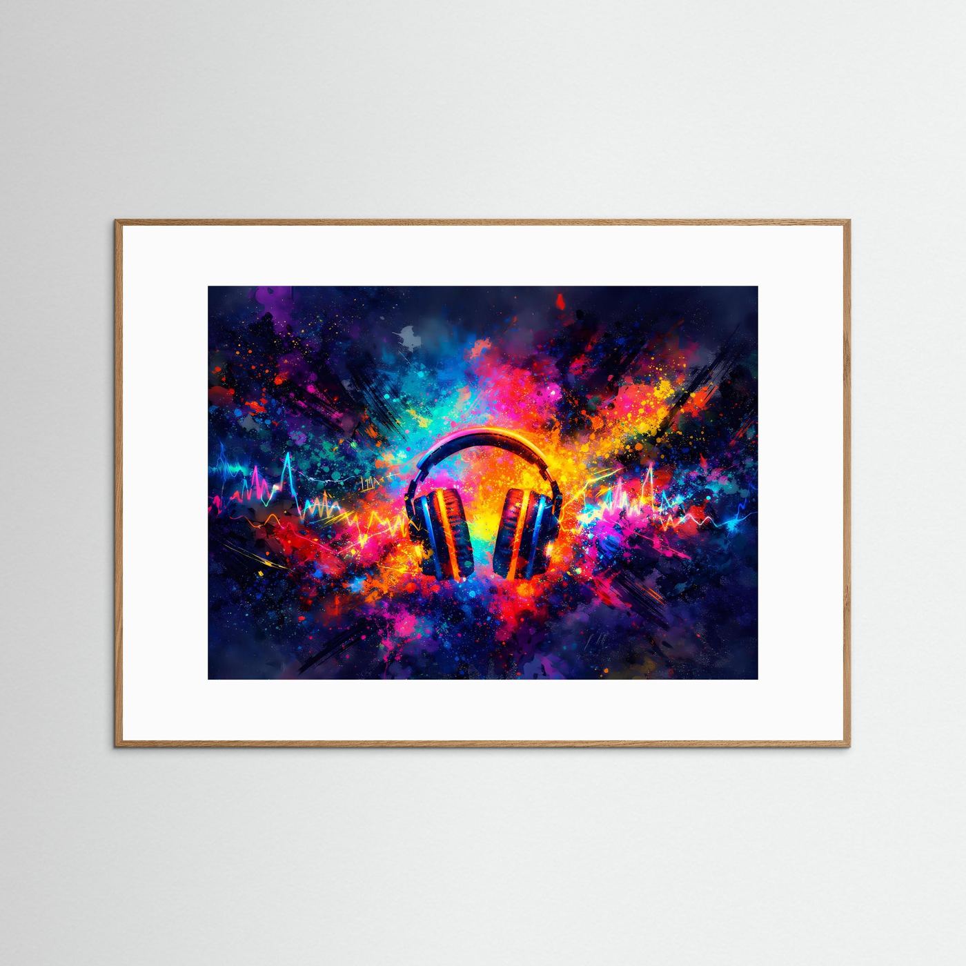 Querformatiges Kopfhörer-Kunstposter mit buntem Soundwave-Motiv im braunem Holzrahmen