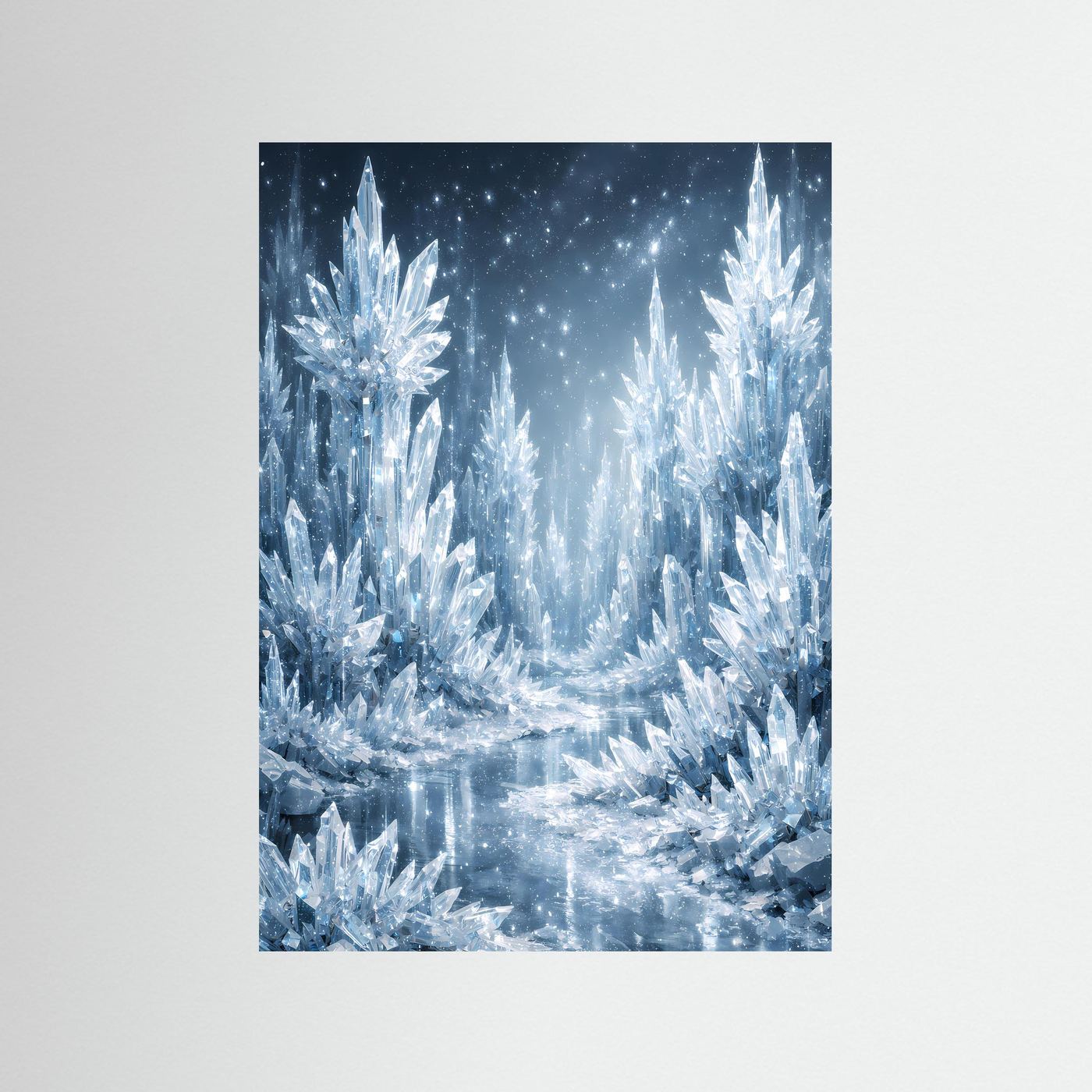 Eiskristall-Fantasyposter im Hochformat: blaue Kristallbäume und silberner Glanz im Winter.