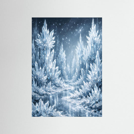 Eiskristall-Fantasyposter im Hochformat: blaue Kristallbäume und silberner Glanz im Winter.