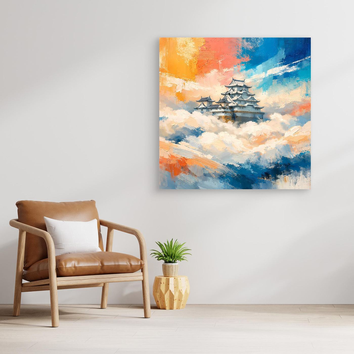 Leinwand Traditionelle Japanische Burg über den Wolken | Fernöstliches Wandbild auf echter Leinwand