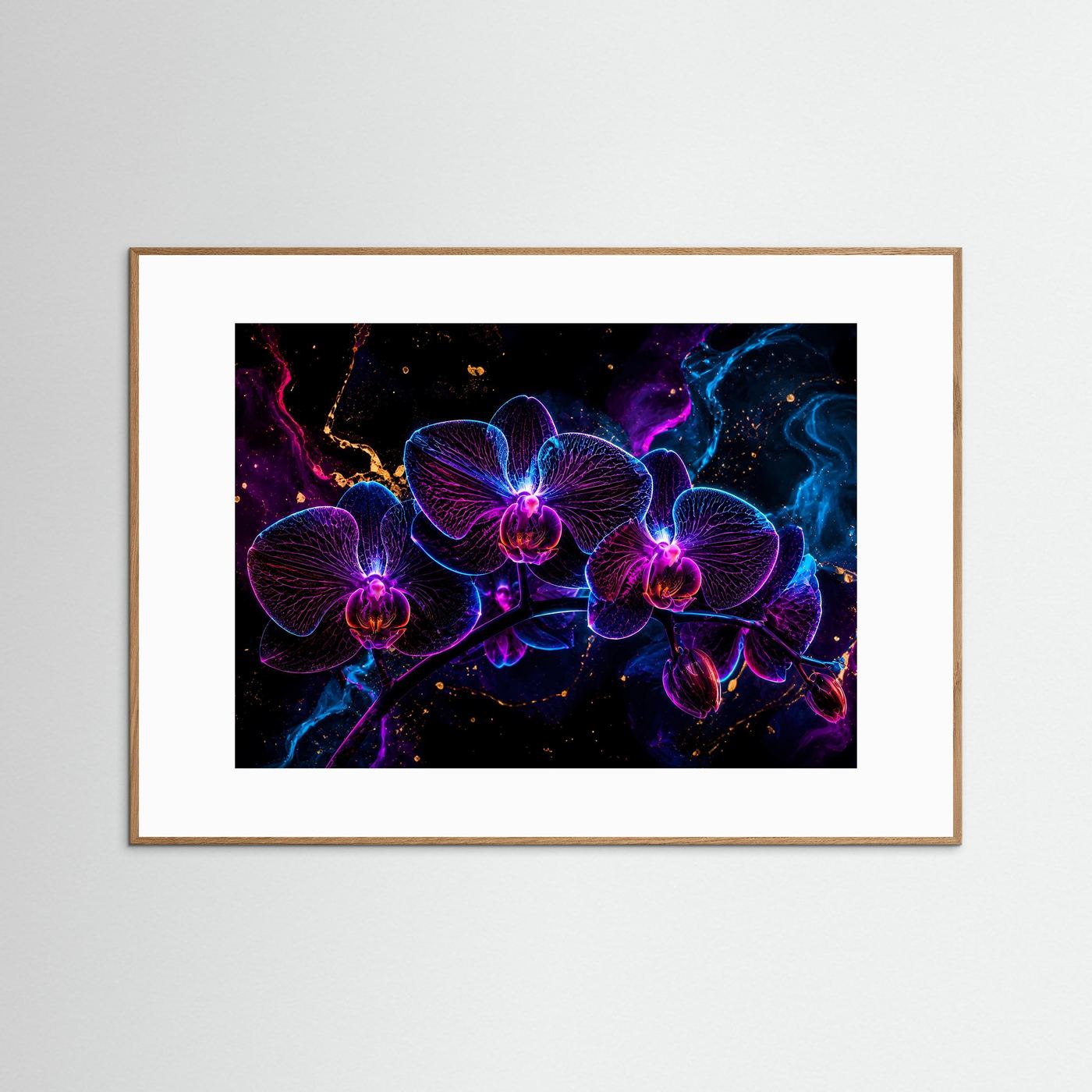 Neon Orchideen Poster | Leuchtende Blumen Wandkunst | Futurale Floral Art in Blau & Magenta | Abstrakte Luxus Wall Art | Modernes Leinwandbild