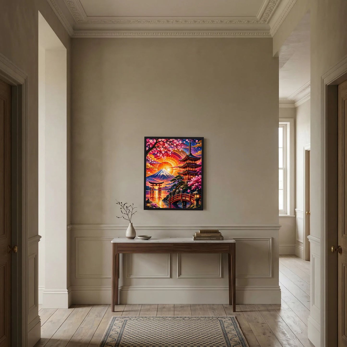 Hochformatiges Poster mit mosaikartigem Motiv von Fuji, Pagode und Kirschblüten bei Sonnenuntergang