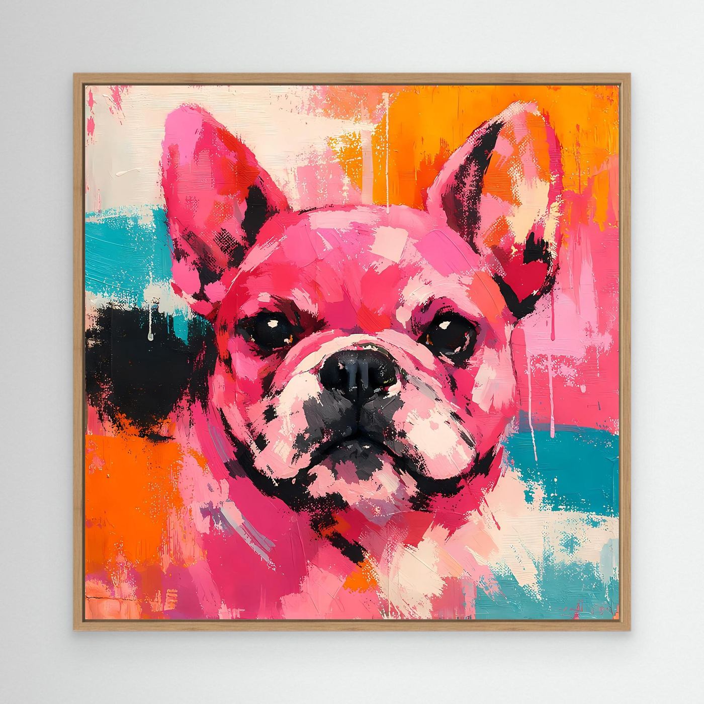 Abstract French bulldog painting with light oak frame, bright pink and orange color blocks