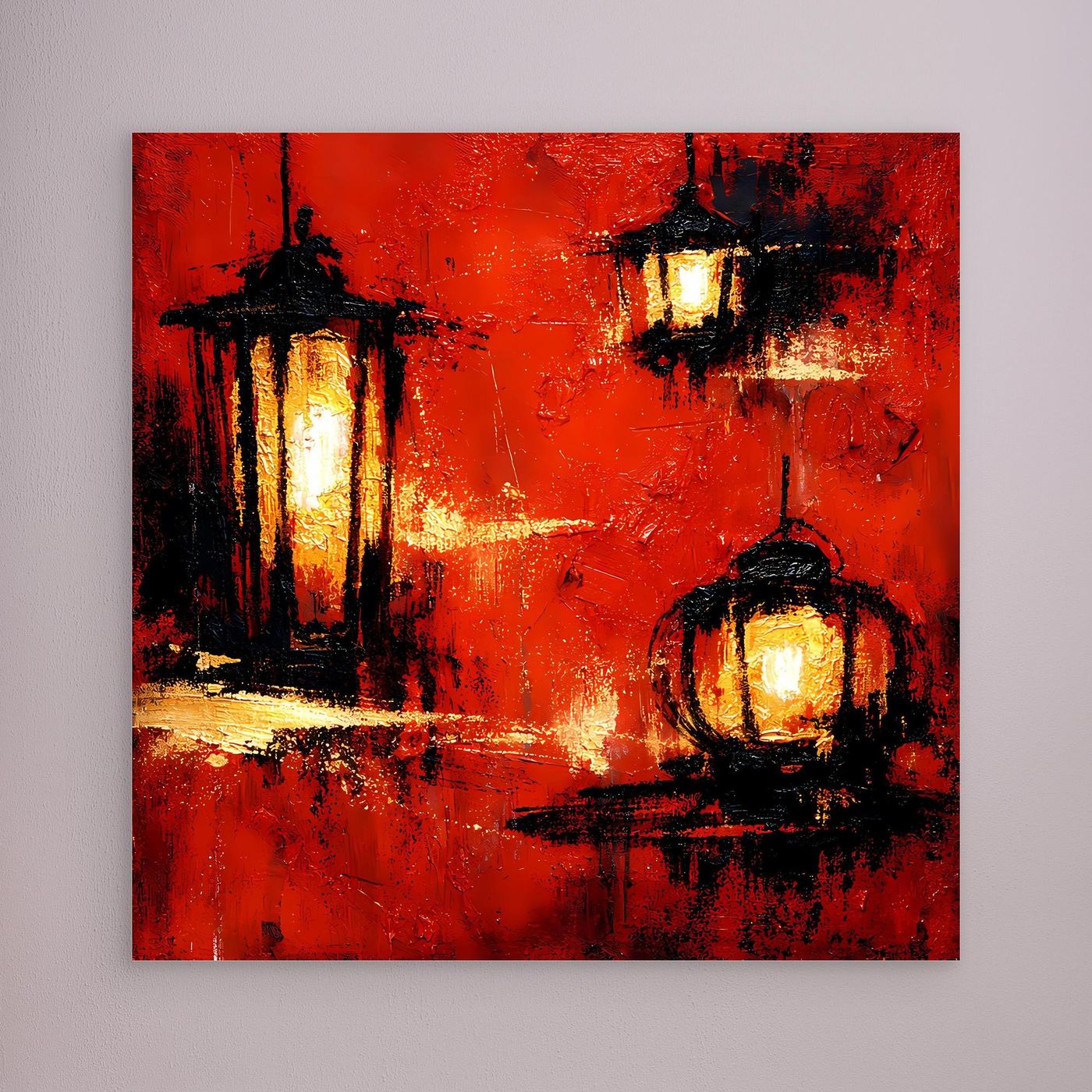 Wandbild mit roten Laternen und warm leuchtenden Lichtern, abstraktes Gemälde ohne Rahmen