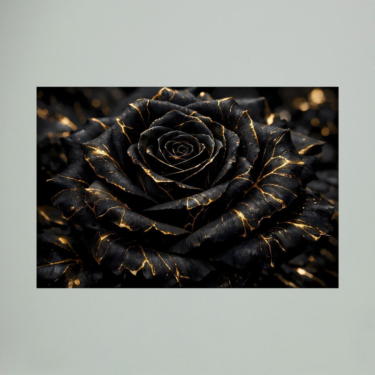 Wandbild-Detail: schwarze Rose mit goldenen Adern und Lichtreflexen im Querformat