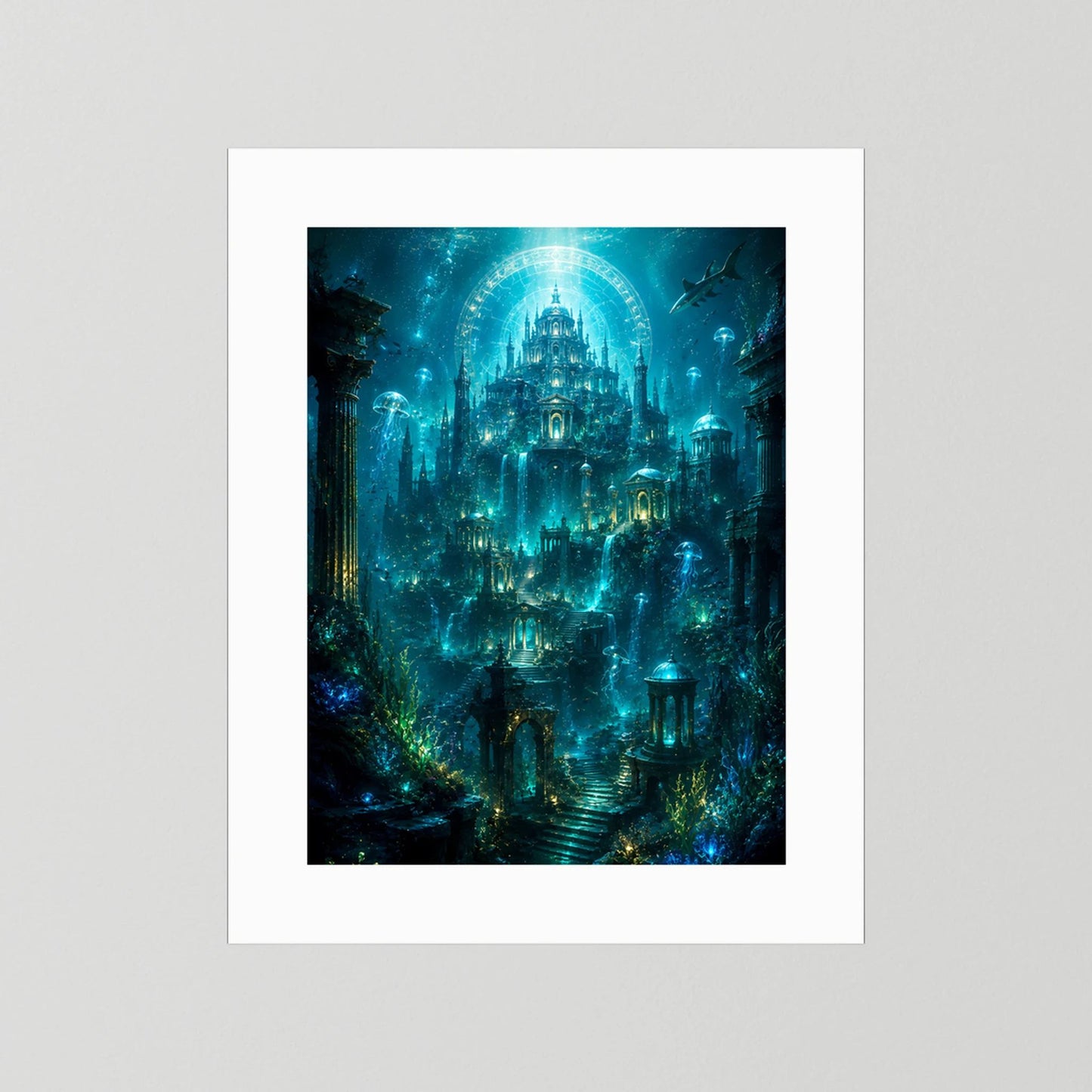 Poster im weißen Passepartout mit Unterwasser-Tempel, Quallen und Laternen