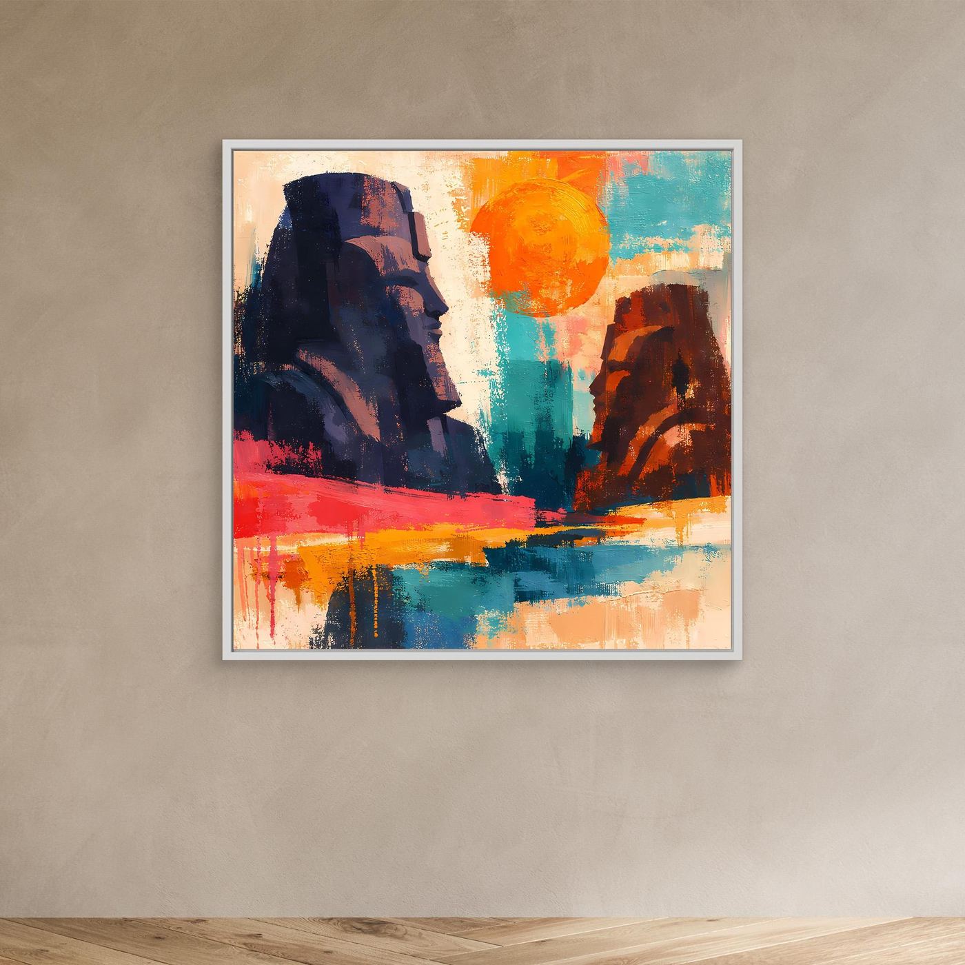 Leinwandbild mit weißem Rahmen: abstrakte Pharaonenstatuen in Blau, Orange, Rot.