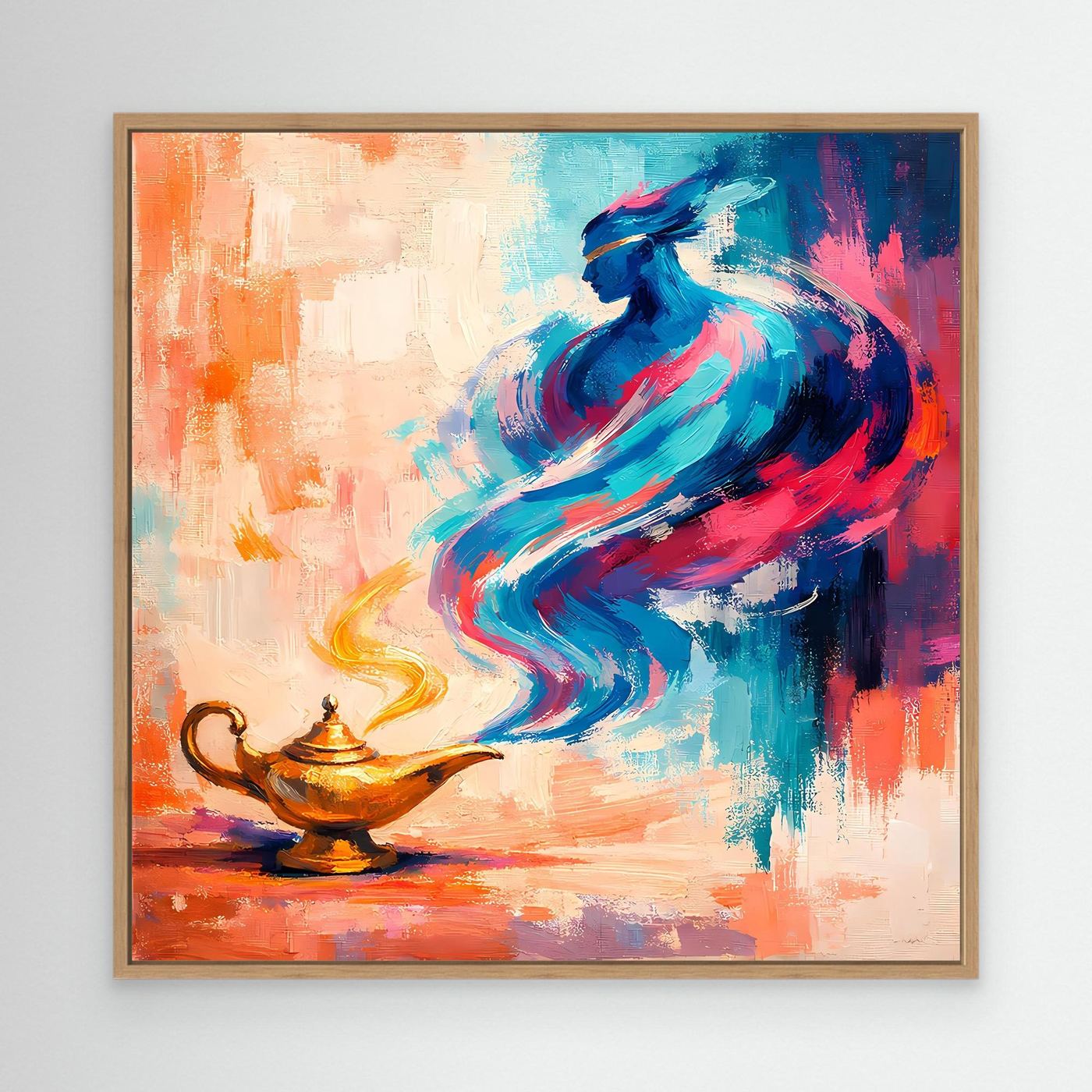 Gerahmtes Leinwand-Wandbild mit abstraktem blauen Flaschengeist und goldener Lampe