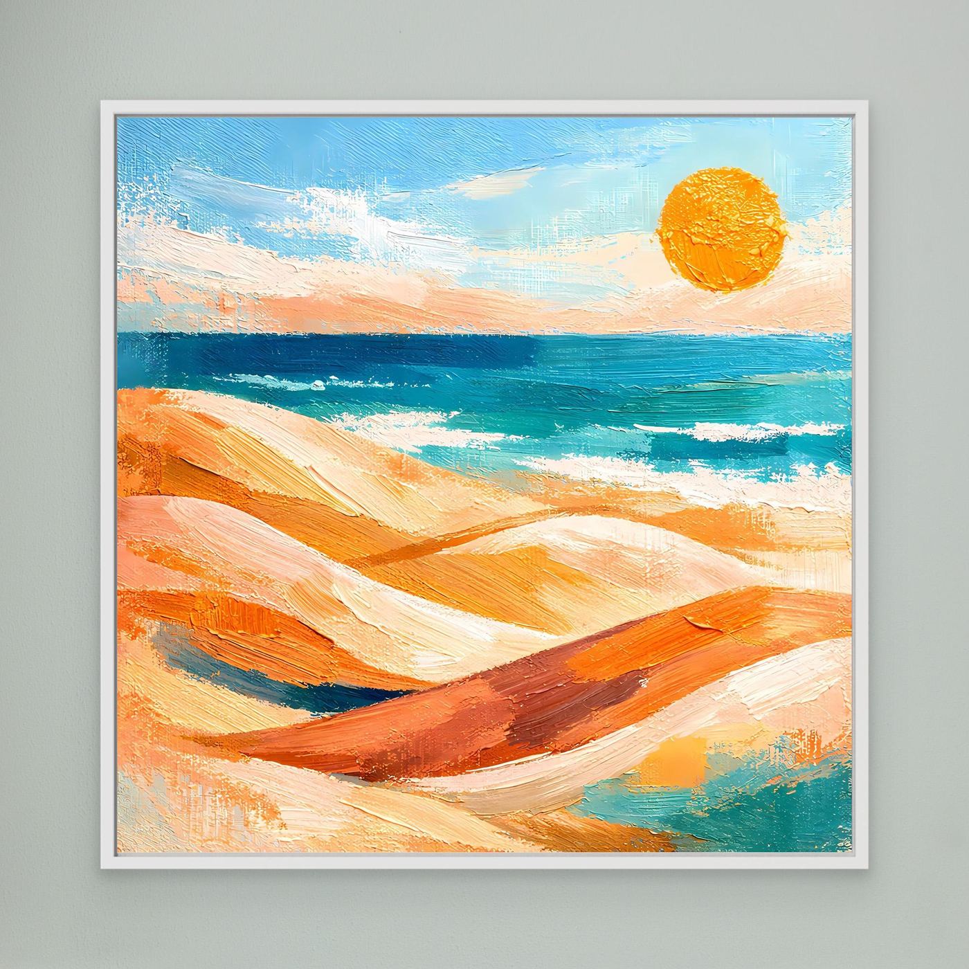 Leinwand-Wandbild mit abstrakten Dünen, Meer und gelber Sonne, weißer Rahmen