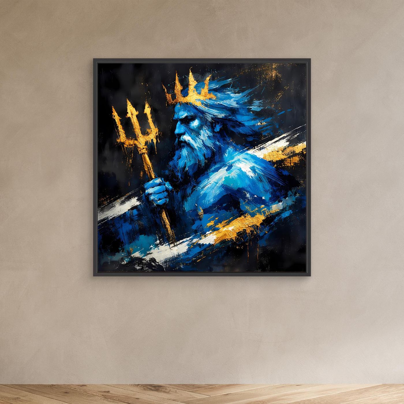 Leinwand Poseidon Gott des Meeres | Abstraktes Mythologie Wandbild Blau Gold