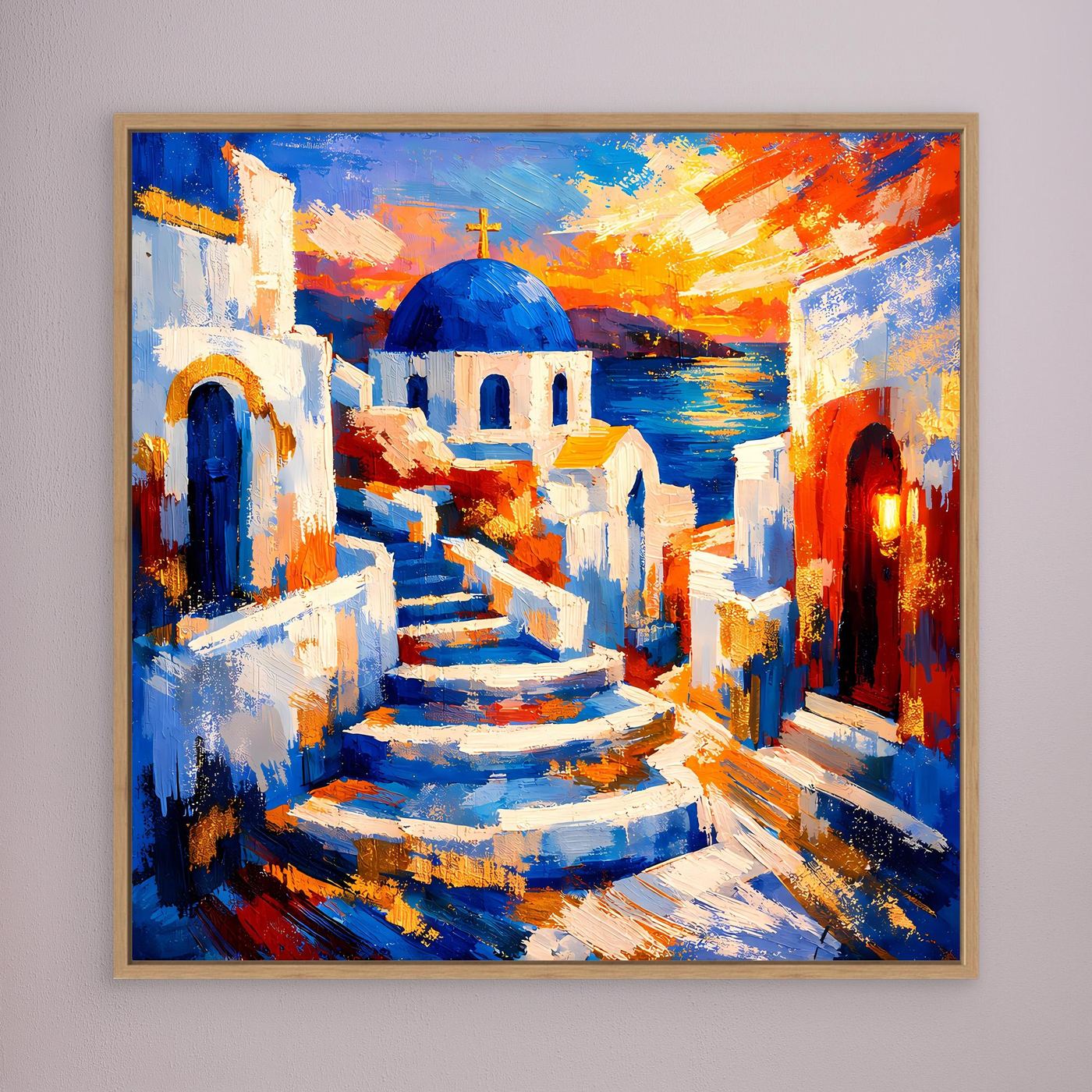 Leinwandbild mit abstrakter Santorin-Gasse, beiger Holzrahmen, Treppe und blaue Kuppel