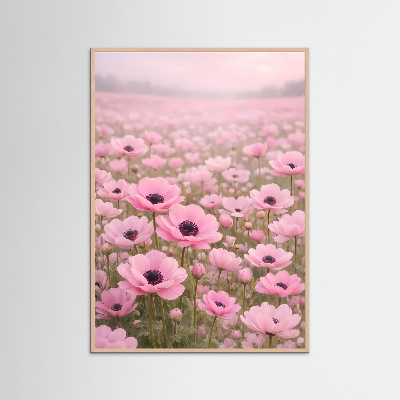 Blumenwiesen-Poster mit pastellrosanen Anemonenblüten, Hochformat, rosafarbener Holzrahmen
