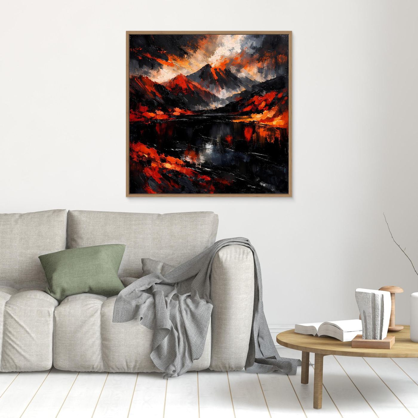 Abstraktes Leinwand-Wandbild mit Vulkan- und Flammenmeer-Motiv, goldener Rahmen