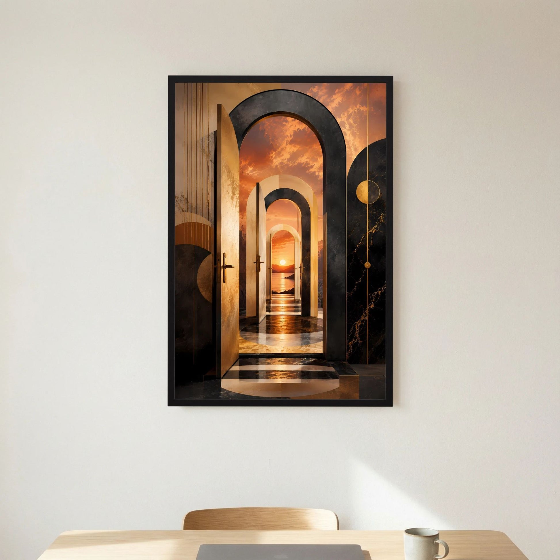 Hochformat-Poster mit surreale Architektur im Korridor, Schwarz/Creme, schwarzer Rahmen