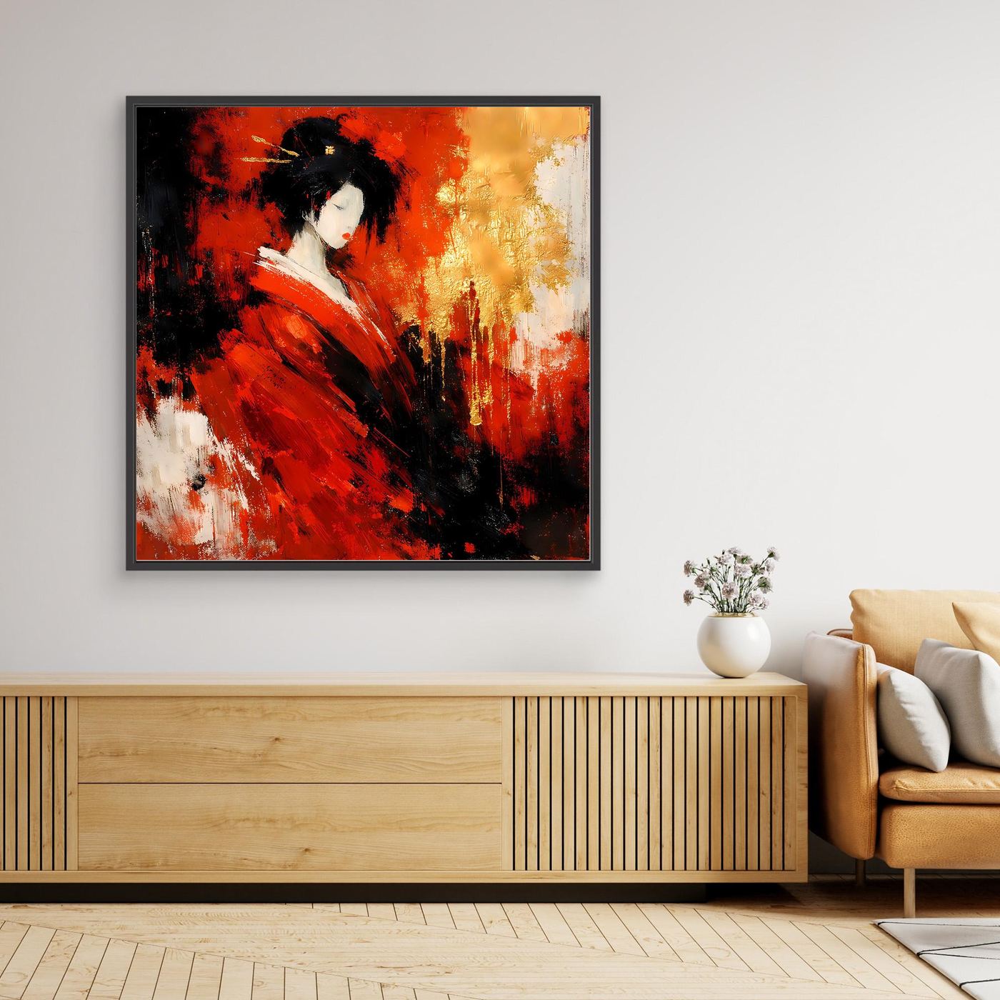 Leinwand Elegante Geisha im Roten Kimono | Abstraktes Asiatisches Wandbild Moderne Kunst