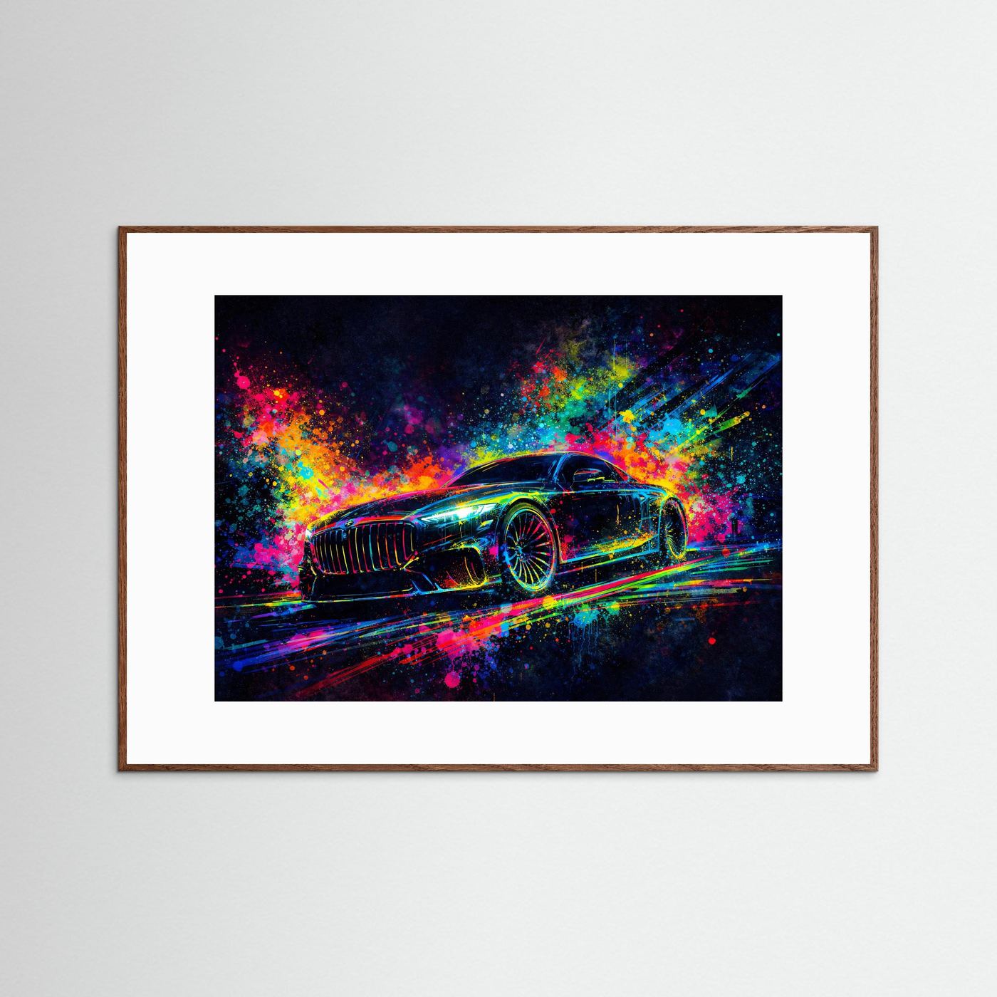 Neon-Artprint: abstraktes Sportwagen-Gemälde im dunklen Holzrahmen, Querformat
