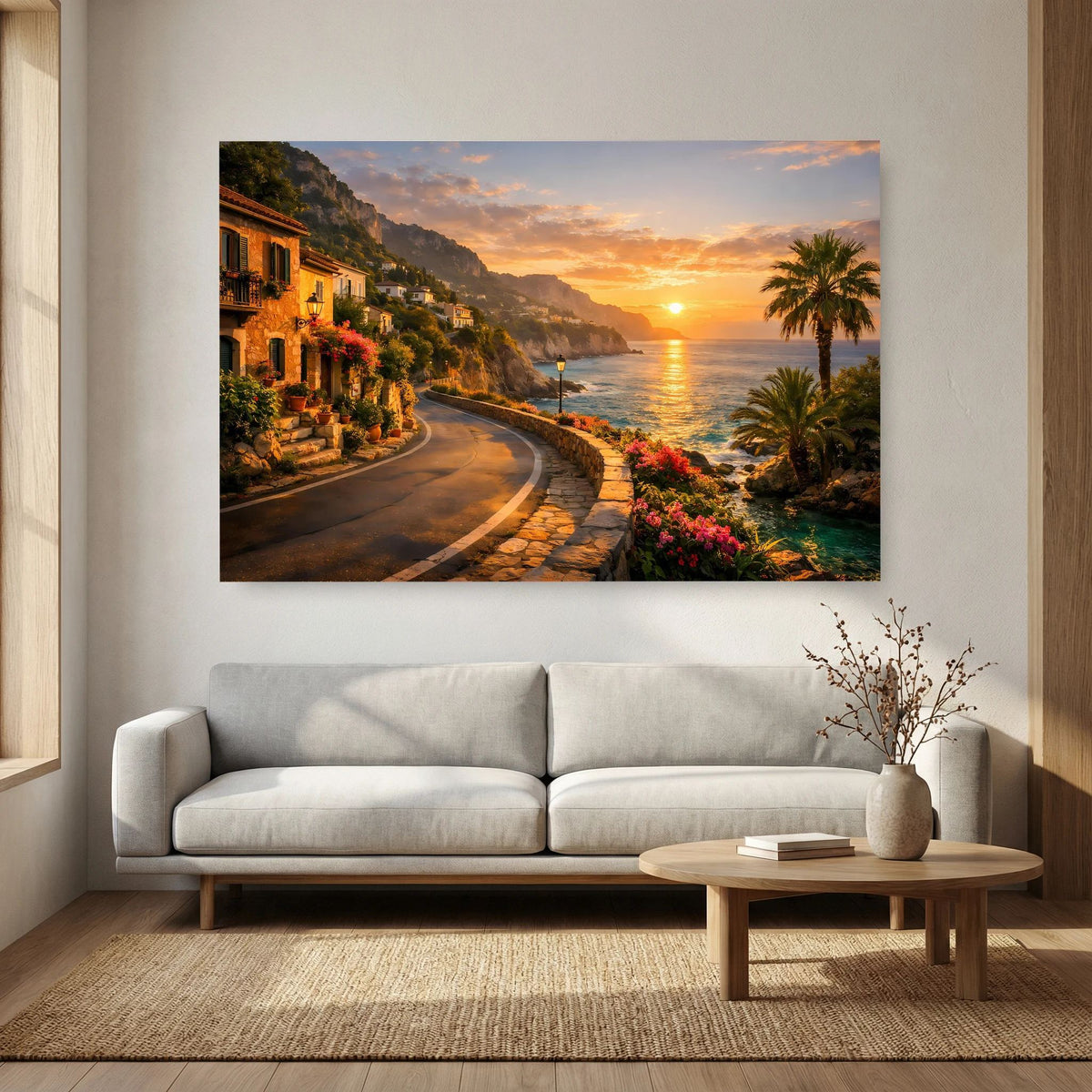 Wandbild im Querformat mit Blick auf die Küstenstraße am Meer bei Abendsonne