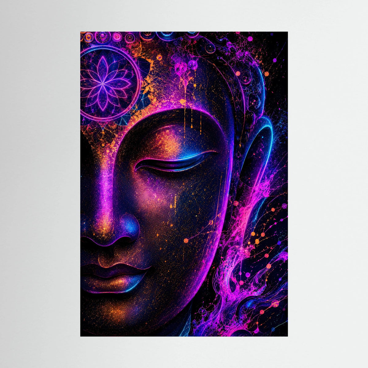 Neon-Buddha-Poster im Hochformat mit farbigem Buddha-Gesicht in Lila, Blau und Gold.