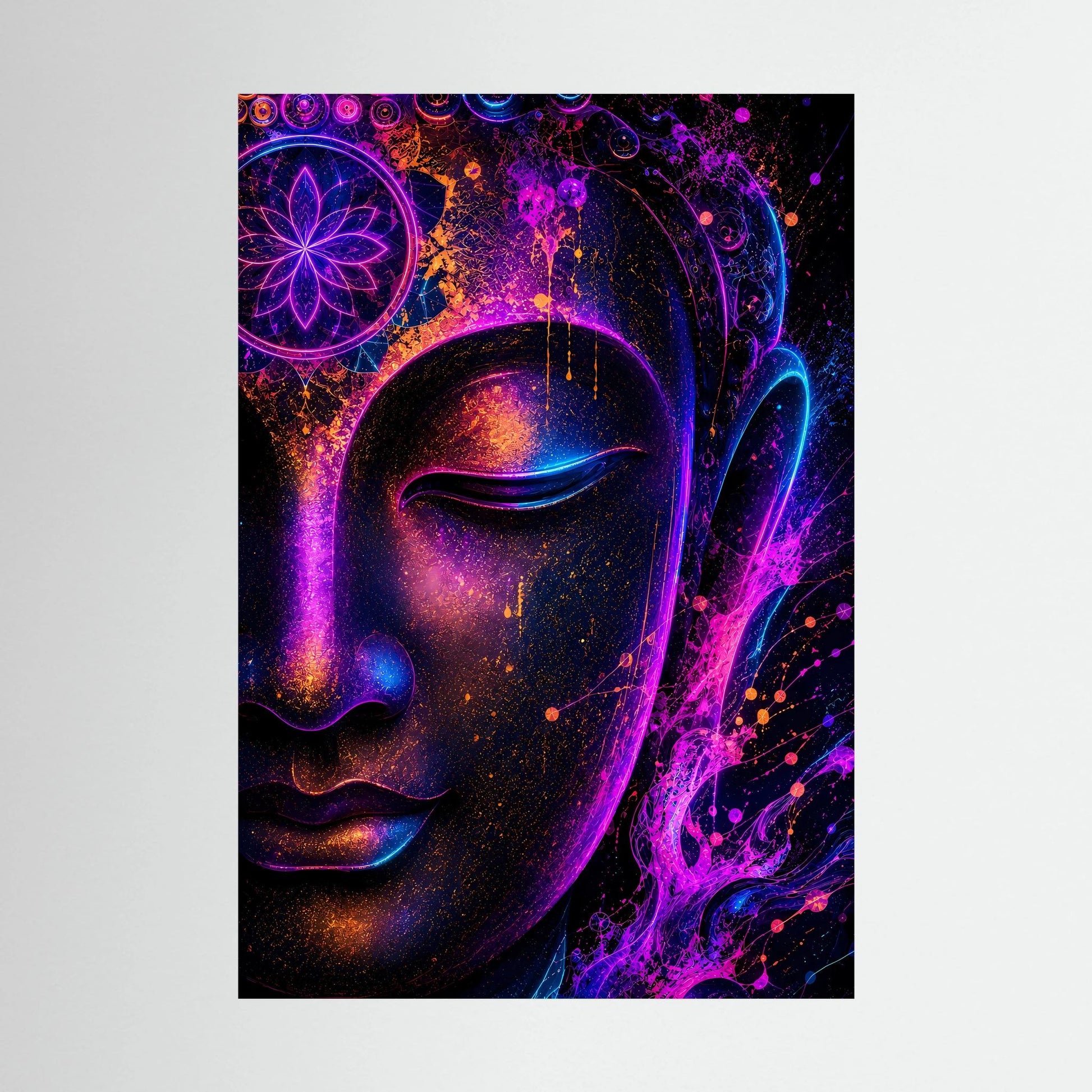 Neon-Buddha-Poster im Hochformat mit farbigem Buddha-Gesicht in Lila, Blau und Gold.