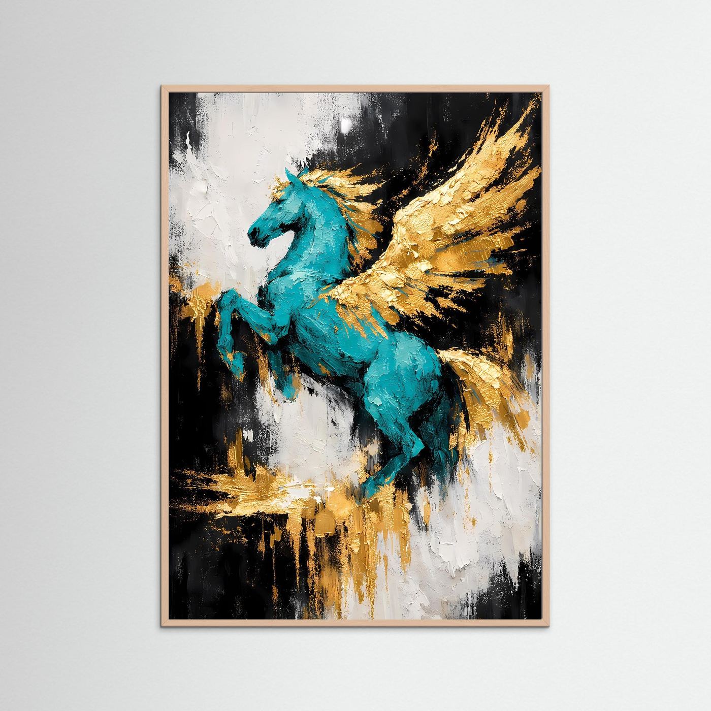 Abstraktes Pferdeposter mit türkisfarbenem Motiv und goldenen Flügeln, rosafarben gerahmt