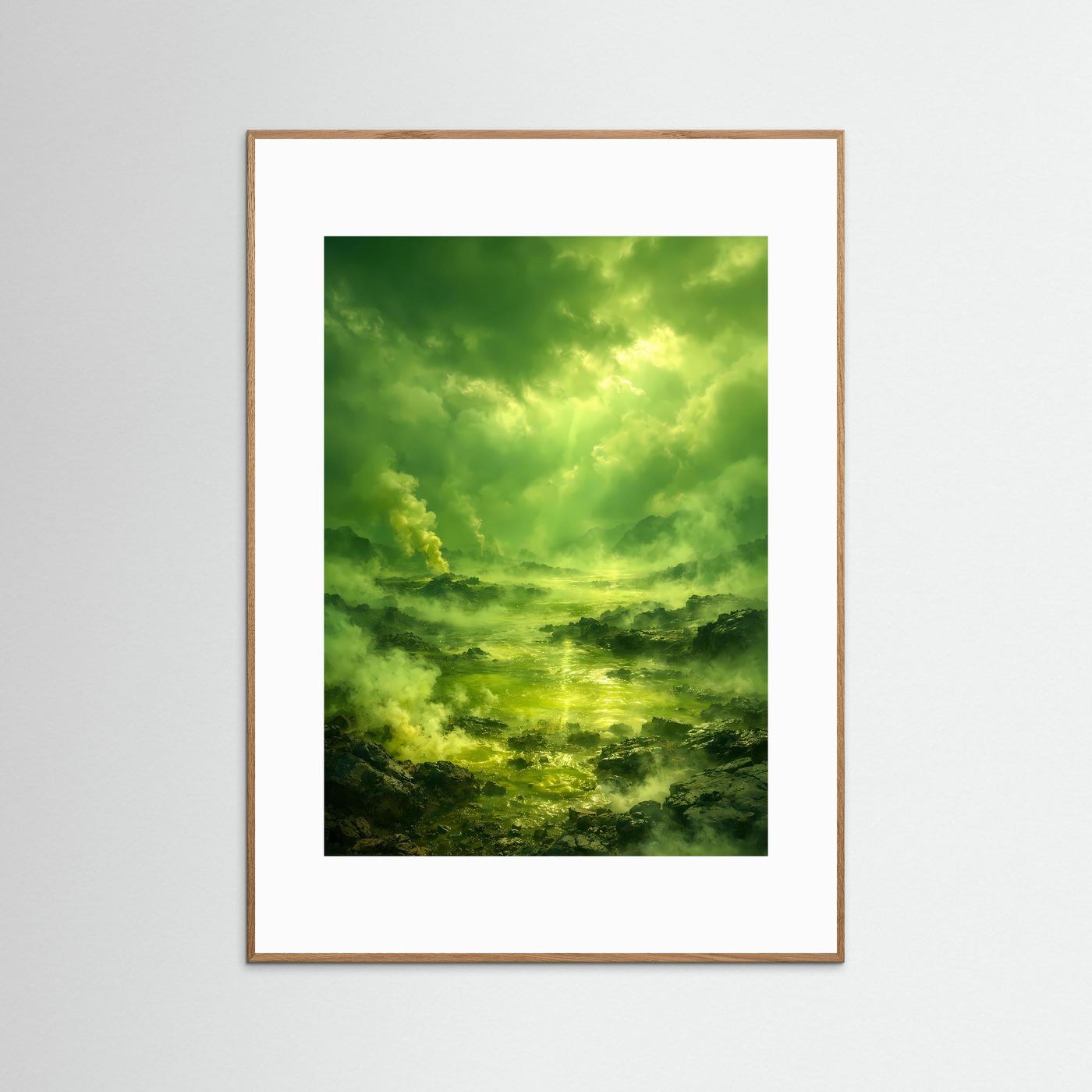 Hochformat-Naturposter mit grüner Landschaft, Rahmen in Kupferbraun