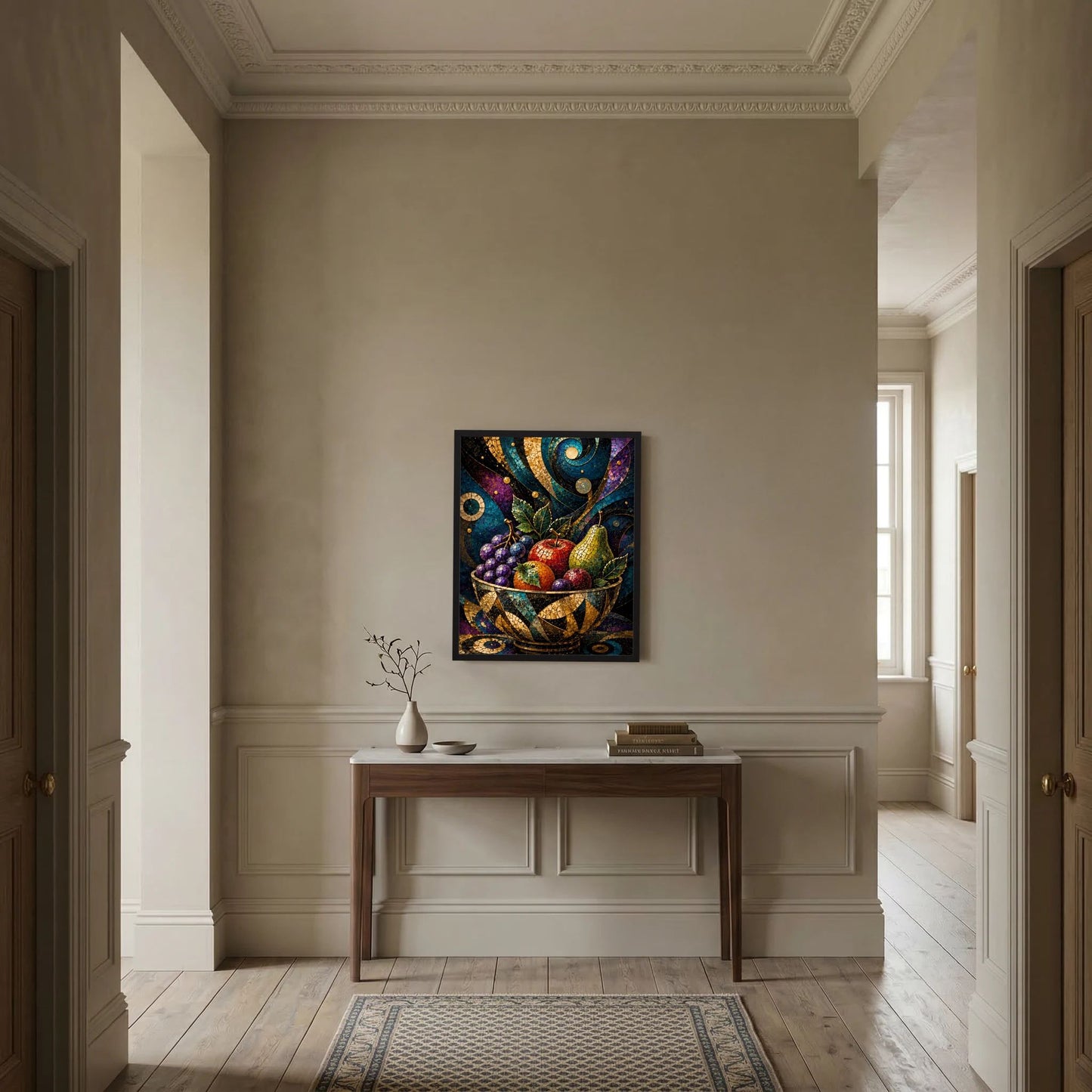 Hochformat-Poster mit Rahmen: Obstschale im Mosaikstil mit goldenen Verzierungen