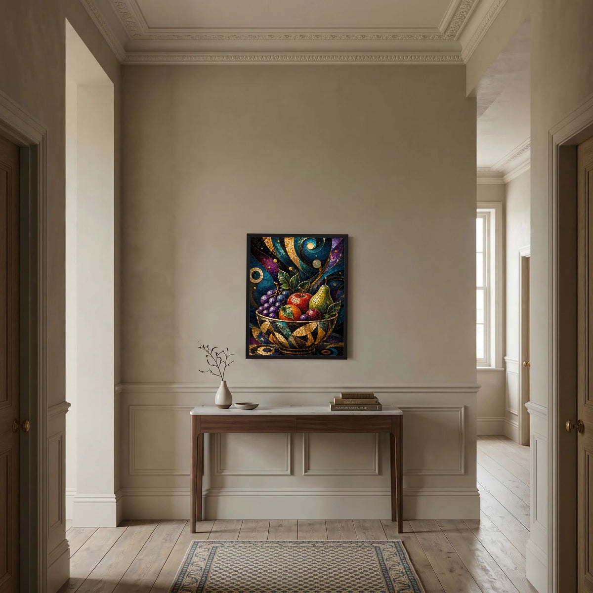 Hochformat-Poster mit Rahmen: Obstschale im Mosaikstil mit goldenen Verzierungen