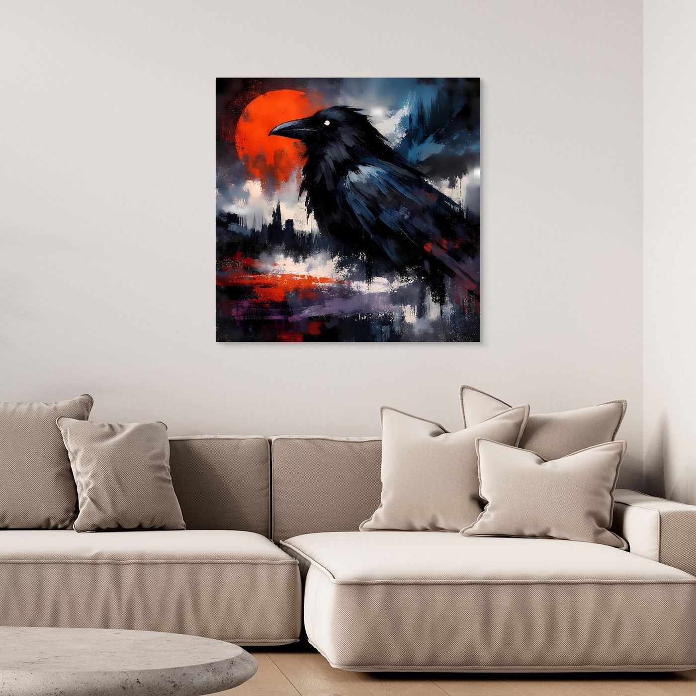 Ungefasstes Leinwand-Wandbild mit schwarzem Rabenmotiv vor rotem Vollmond