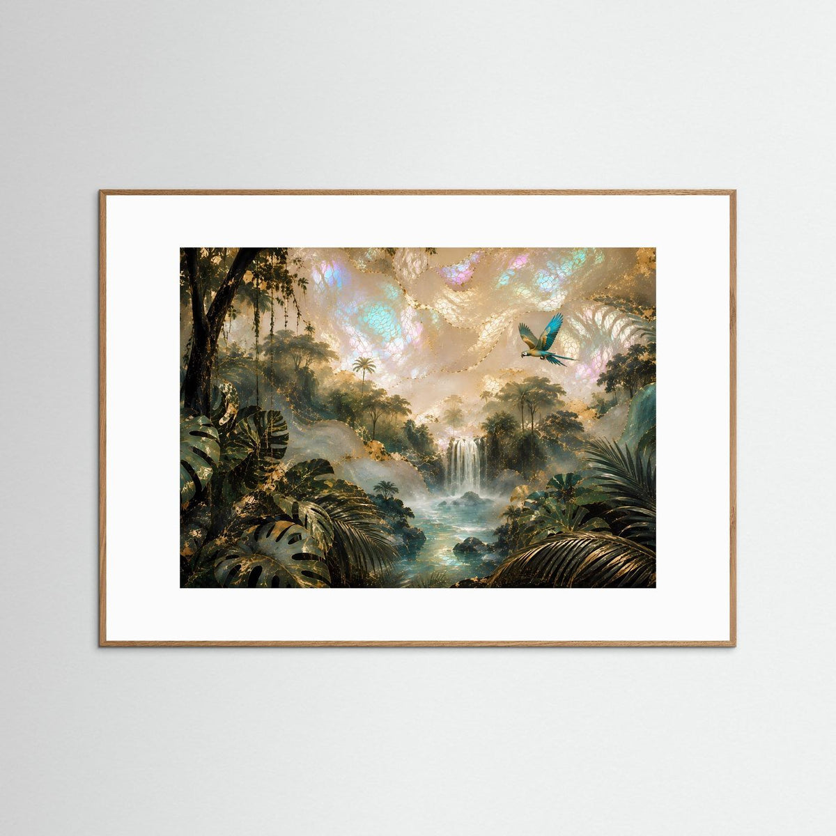 Tropenwald-Poster querformat mit Wasserfall und Papagei, naturfarbener Rahmen