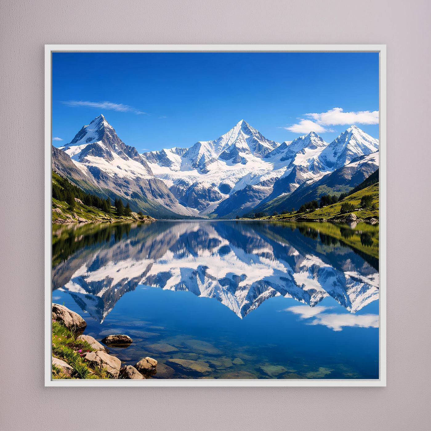 Leinwandbild Alpen-Bergsee mit Spiegelung und Bergpanorama, weißer Rahmen