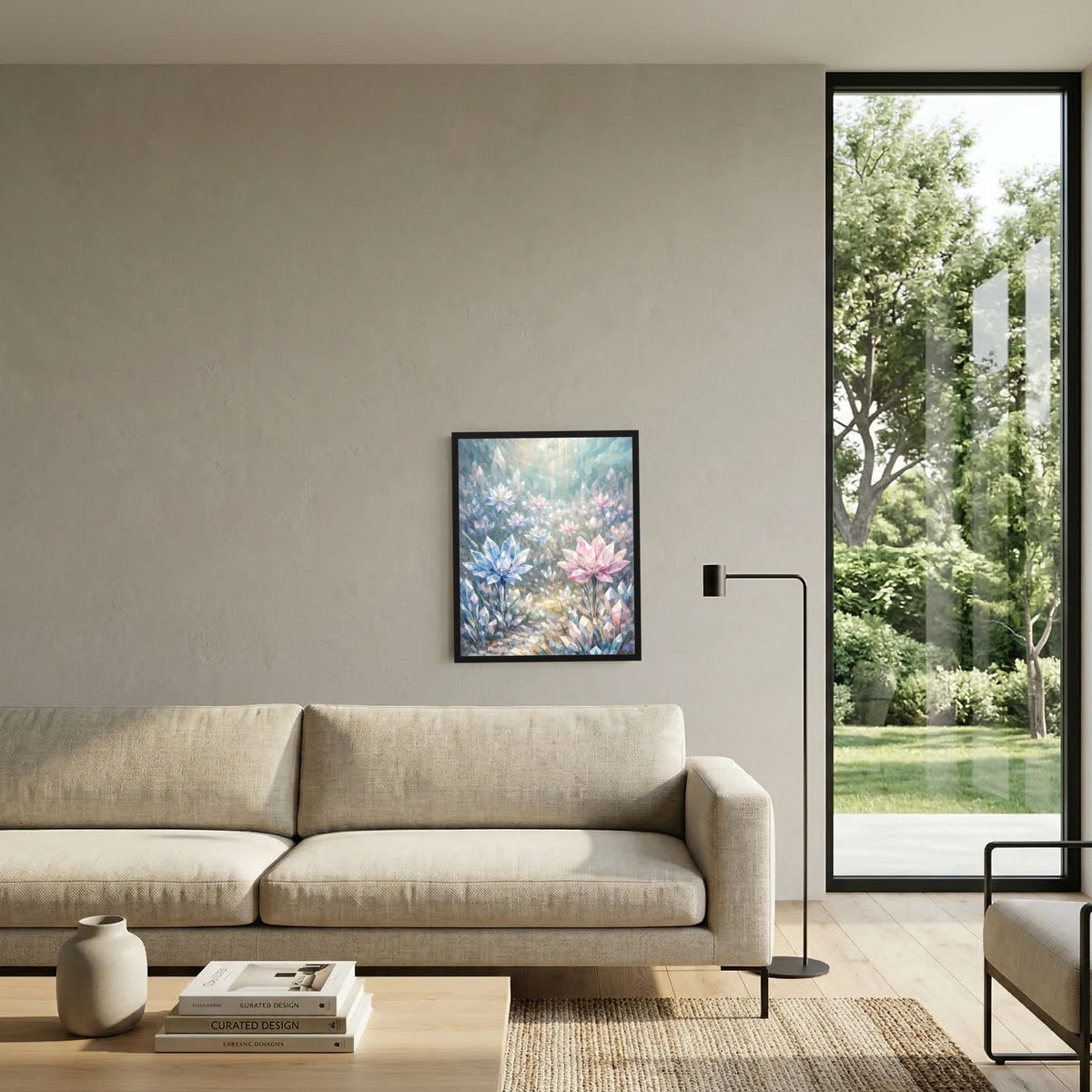 Gerahmtes Hochformat-Poster mit Kristallblumen-Motiv in Blau, Rosa und hellem Perlmutt