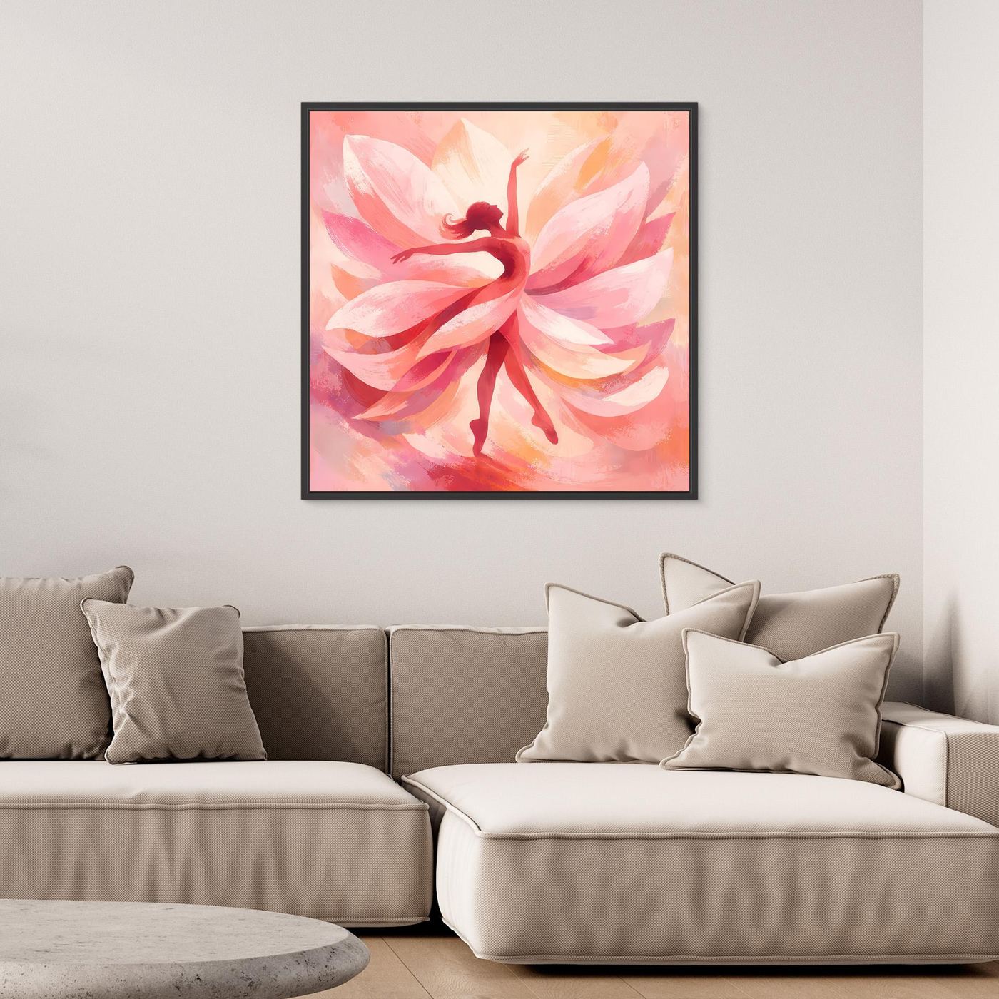 Quadratisches Leinwandbild mit rosa Blüte und Tänzerin-Silhouette im schwarzen Rahmen.