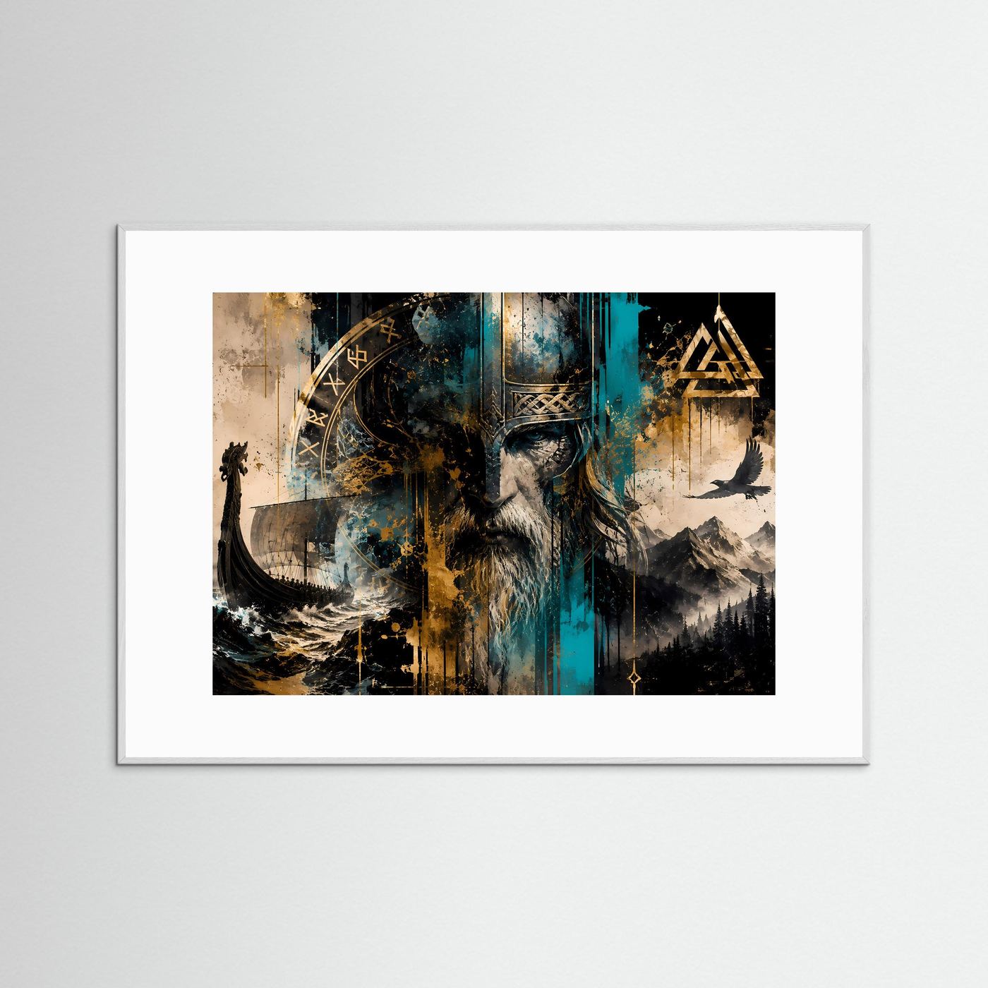 Wikinger Krieger mit Runen & Drachenschiff | Nordische Mythologie Poster Panorama Querformat in Gold, Türkis & Schwarz