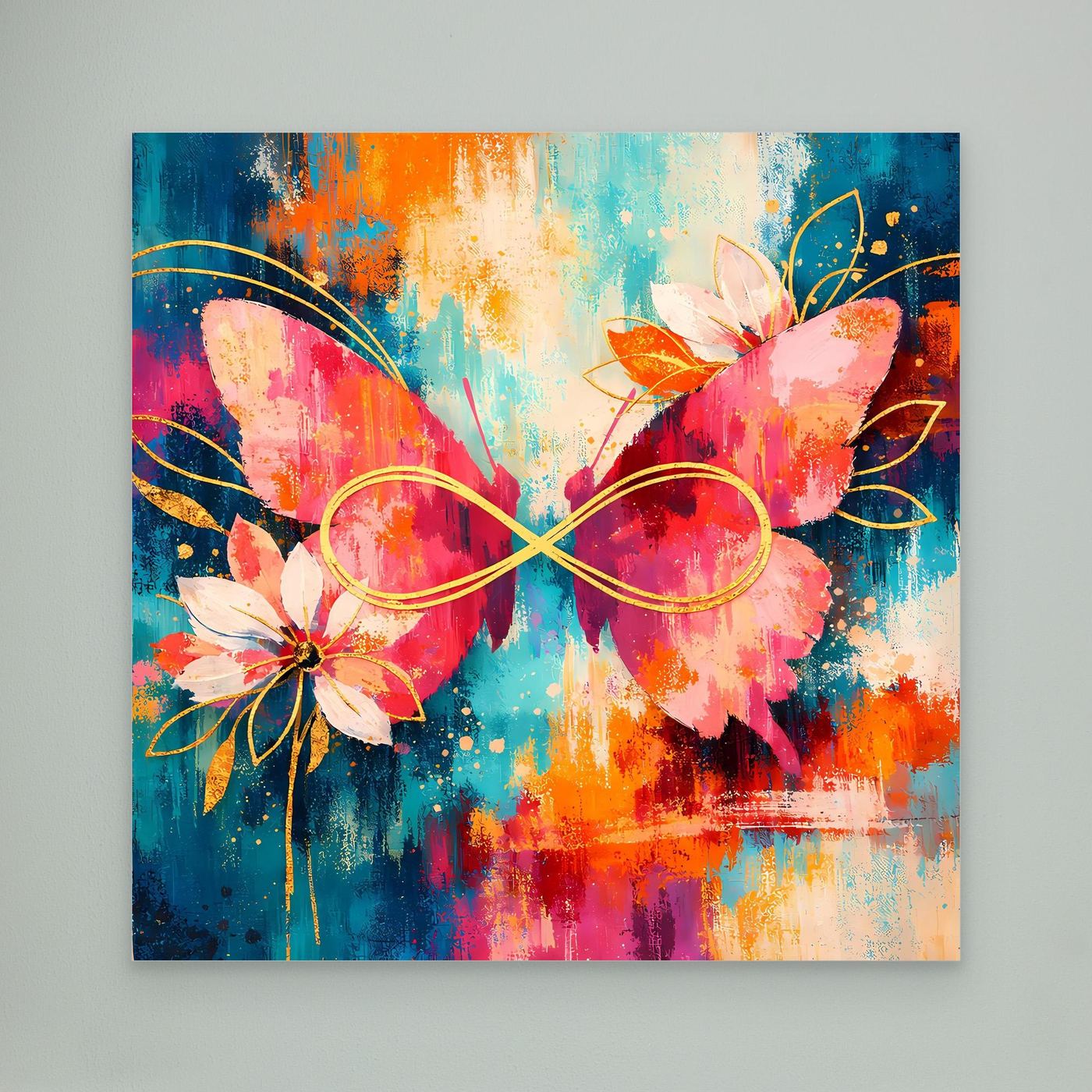 Wandbild ohne Rahmen: abstrakte Schmetterlinge und Blüten mit goldenen Linien und Rosa
