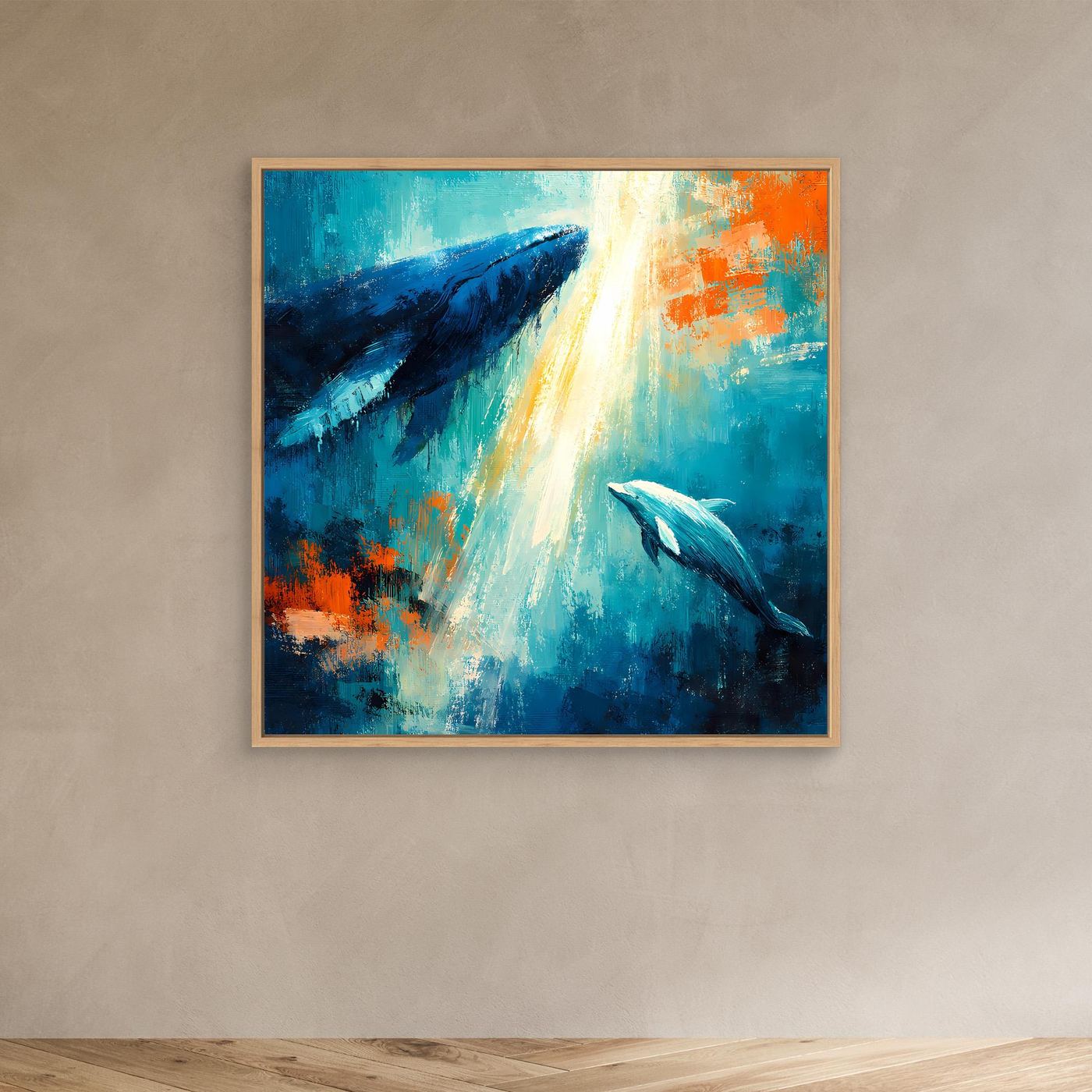 Leinwand Majestätischer Wal und Delfin im Lichtstrahl | Abstraktes Meeres Wandbild